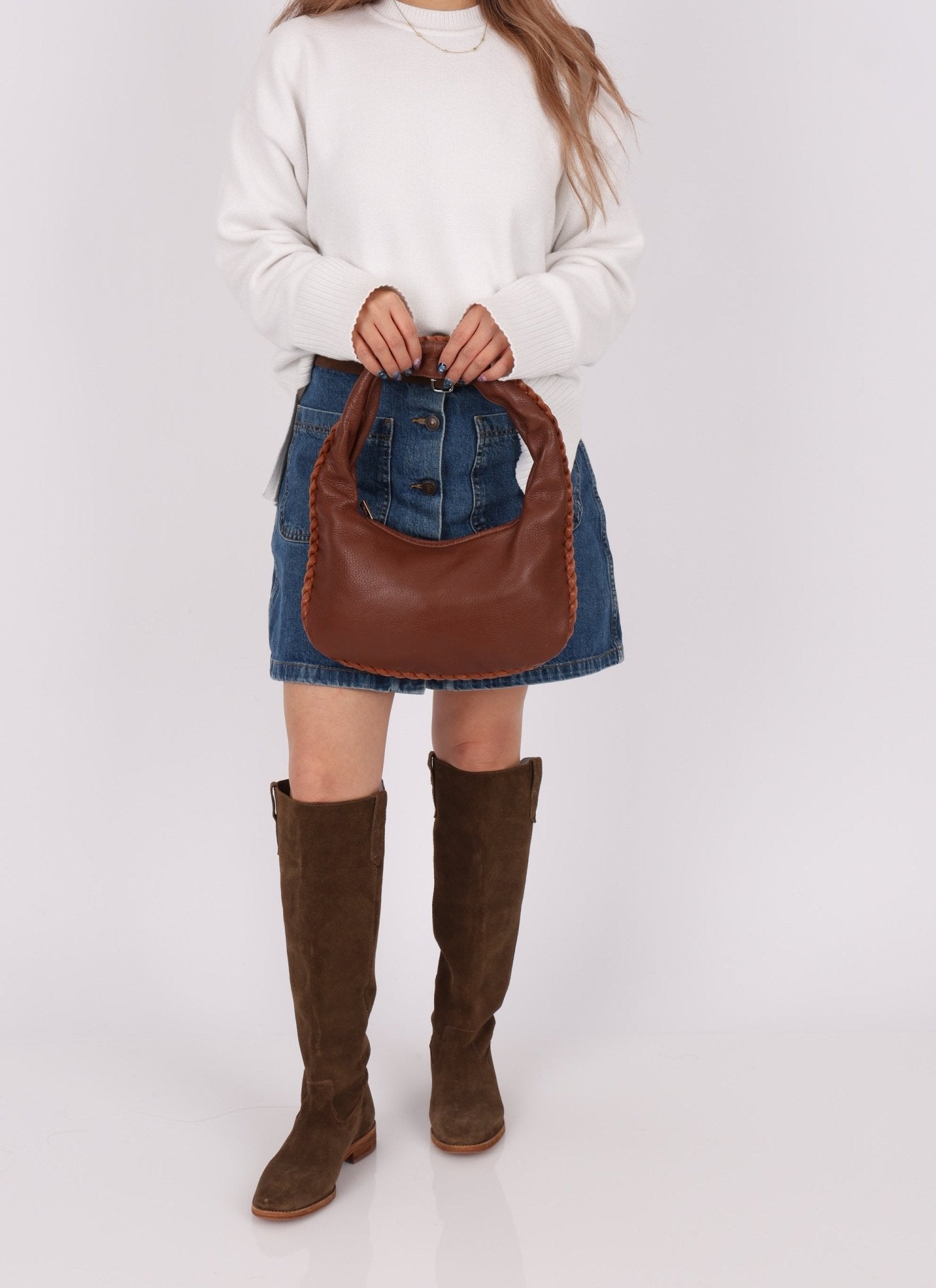 Bottega Veneta Cervo Braided Chocolate Soft Pebbled Mini Hobo - FashioNica