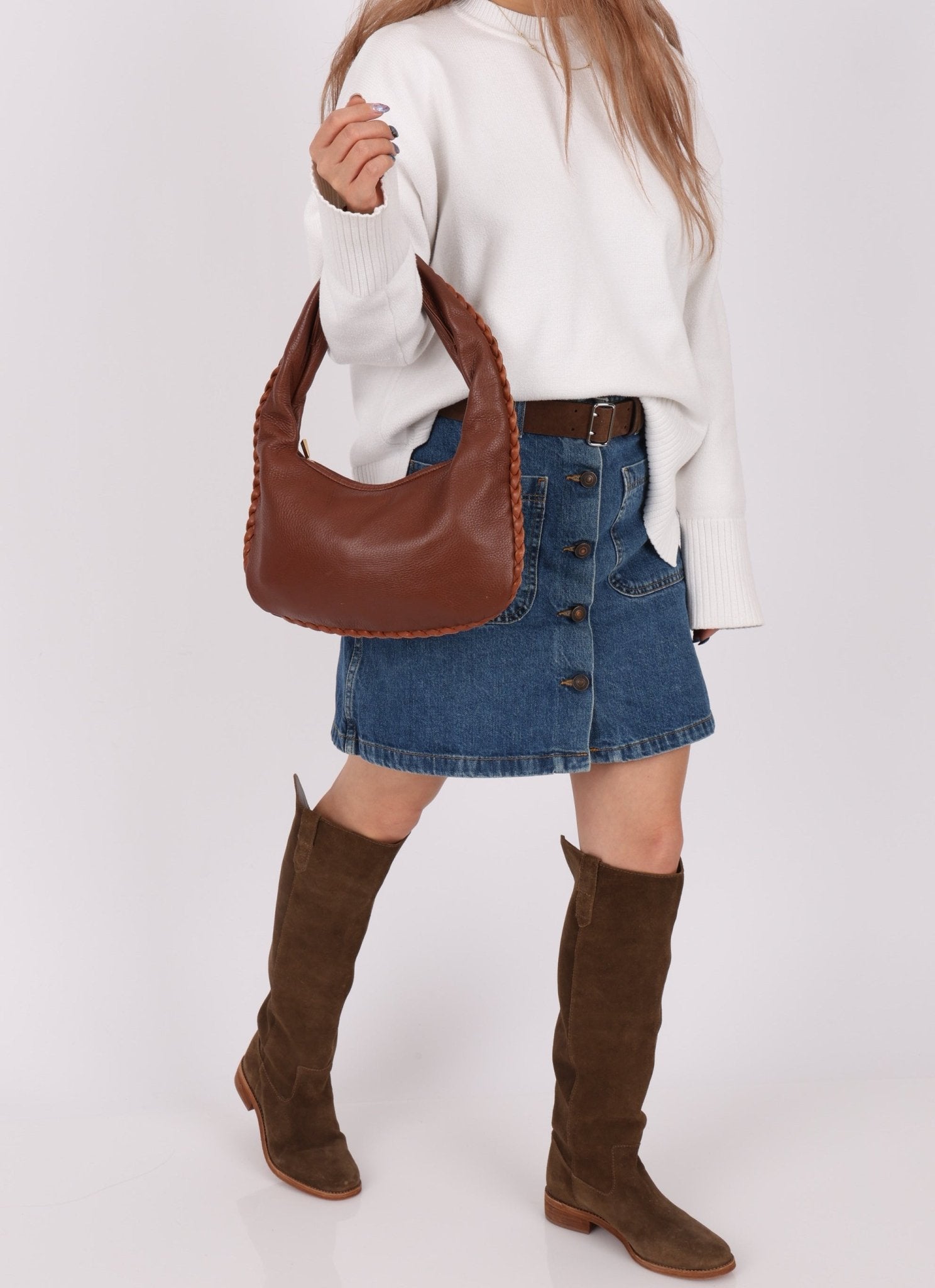 Bottega Veneta Cervo Braided Chocolate Soft Pebbled Mini Hobo - FashioNica