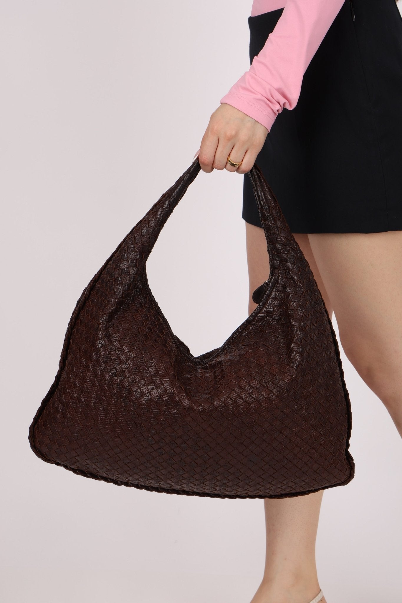 Bottega Veneta Chocolate Embossed Intrecciato Hobo - FashioNica