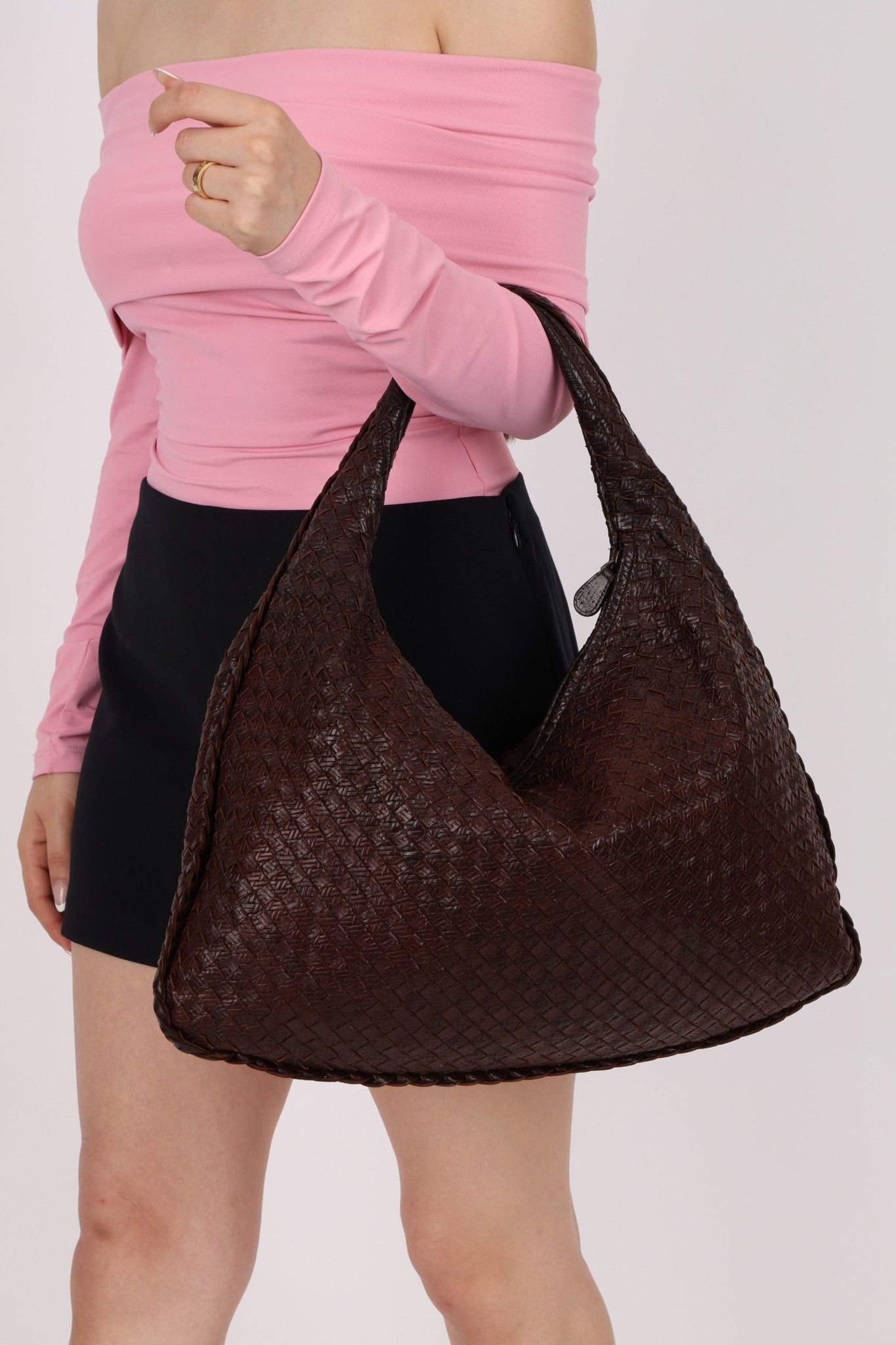 Bottega Veneta Chocolate Embossed Intrecciato Hobo - FashioNica