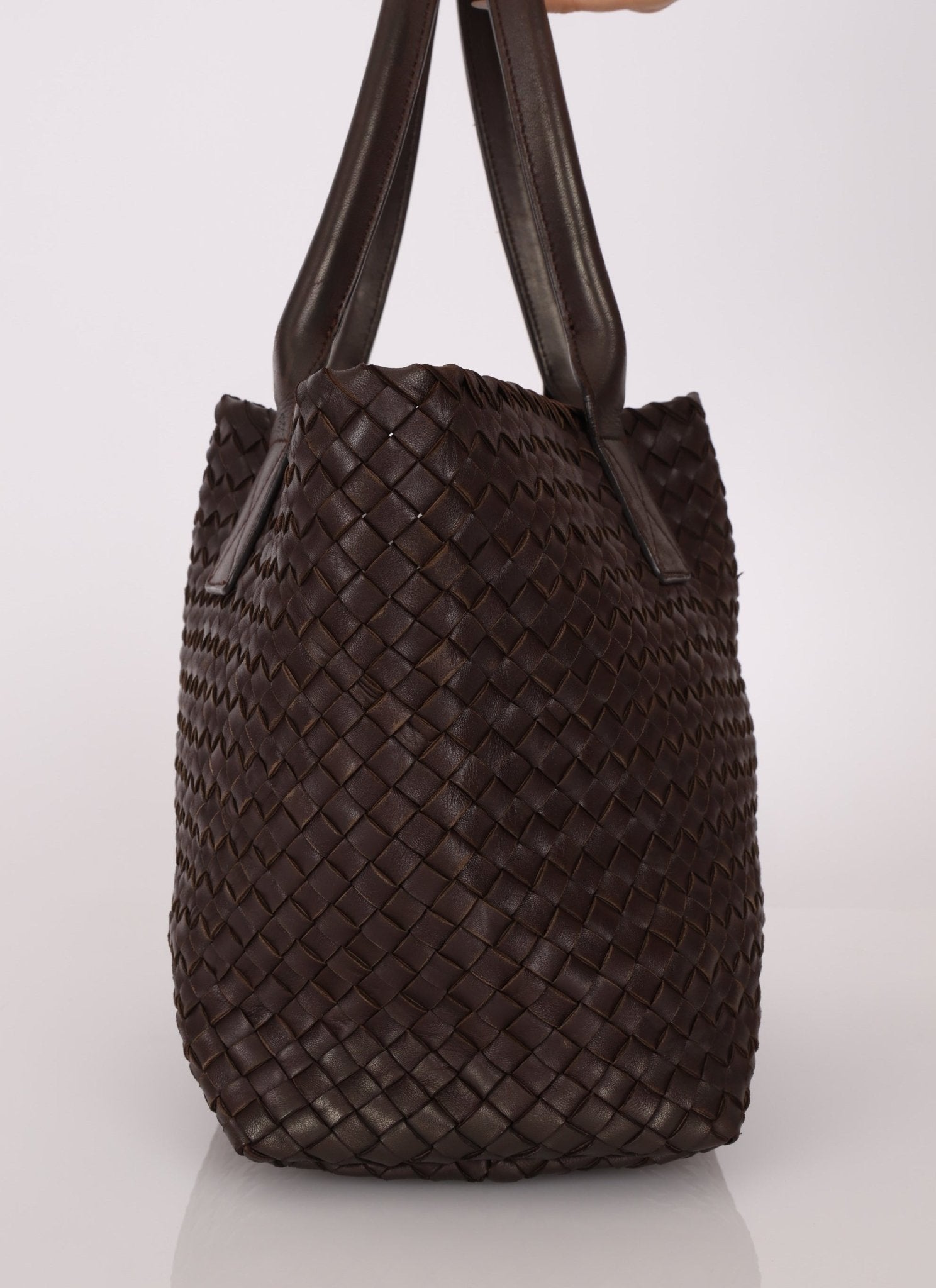 Bottega Veneta Chocolate Intrecciato Small Cabat with Pouch - FashioNica