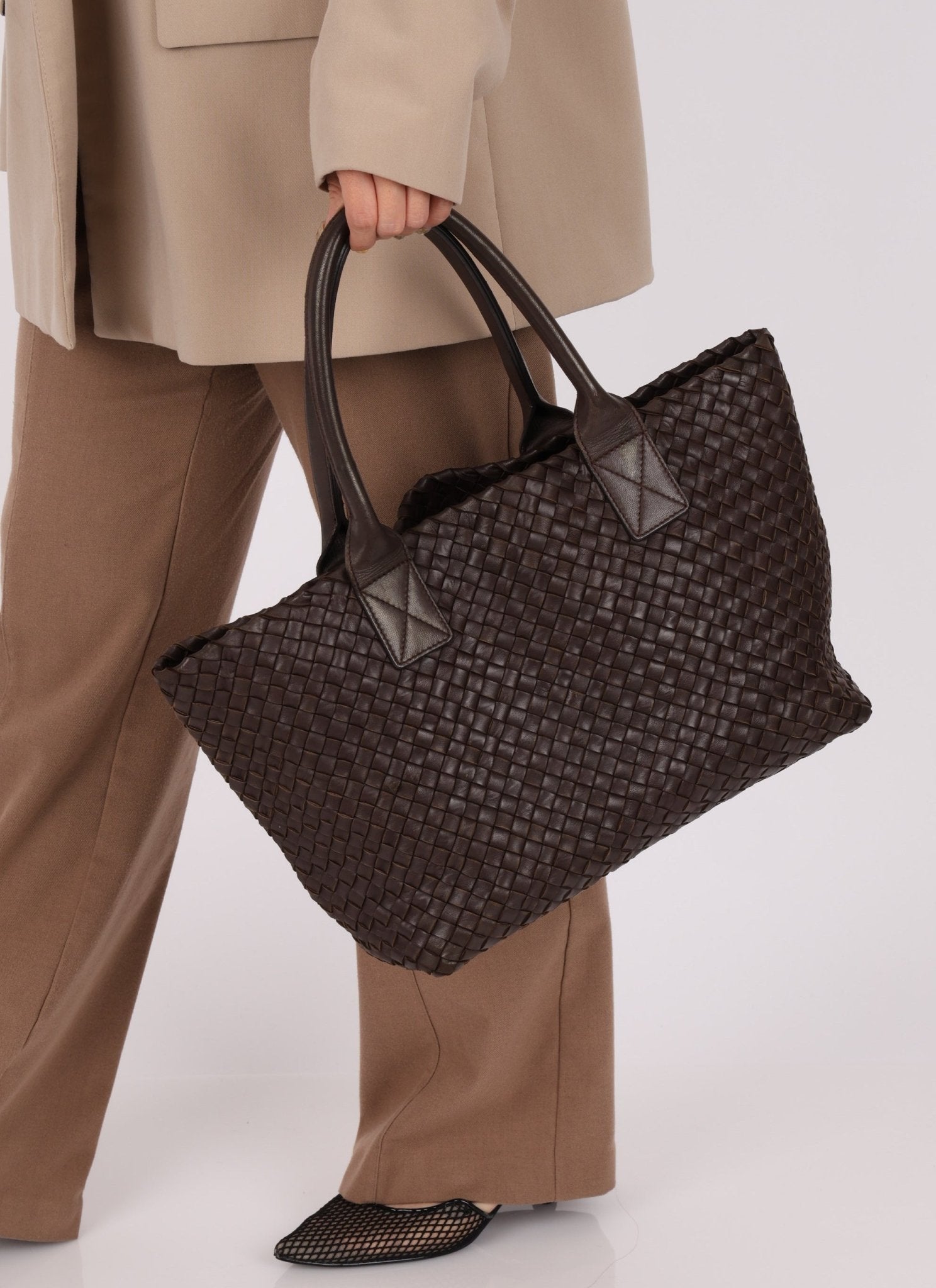 Bottega Veneta Chocolate Intrecciato Small Cabat with Pouch - FashioNica