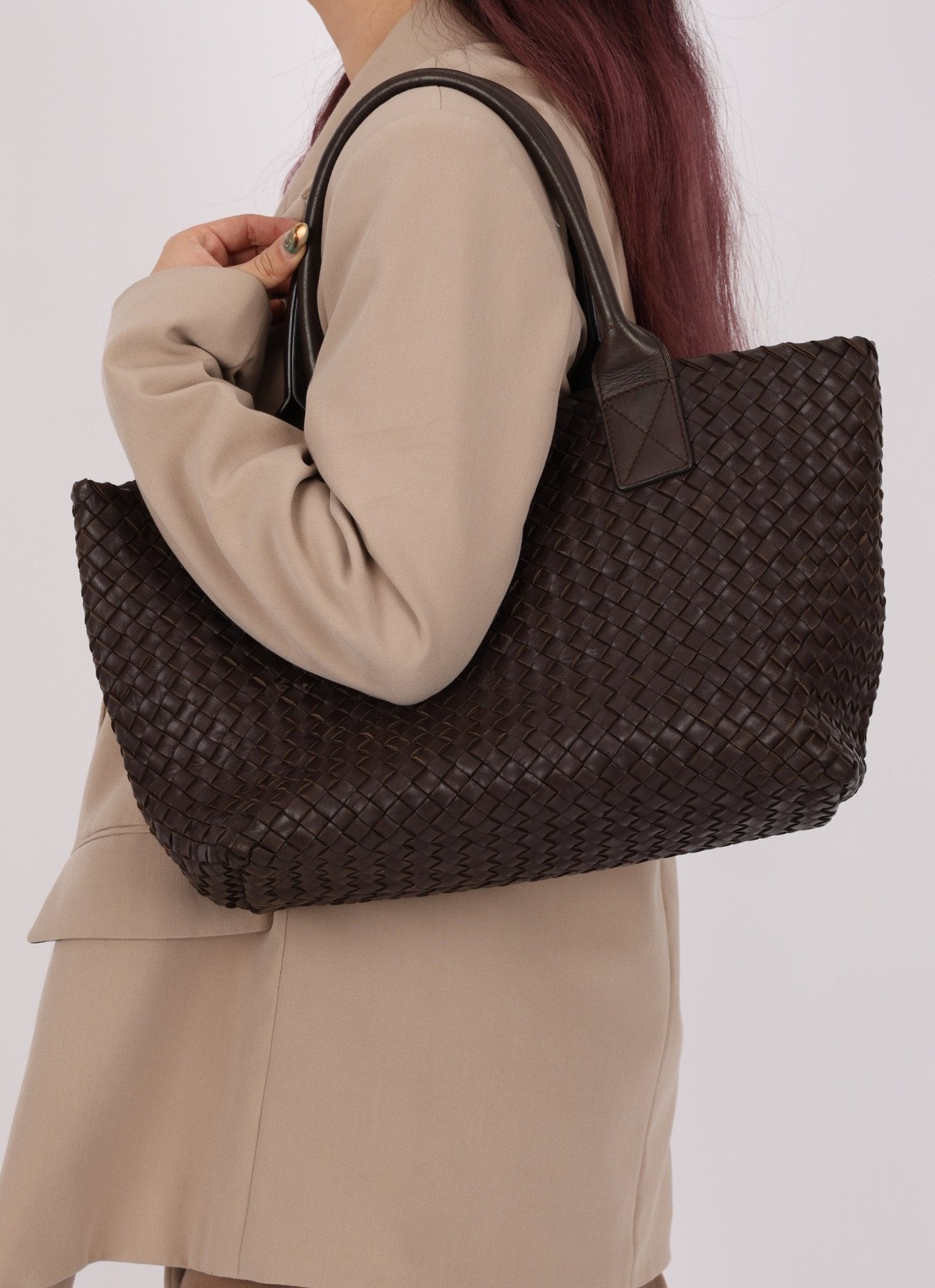 Bottega Veneta Chocolate Intrecciato Small Cabat with Pouch - FashioNica