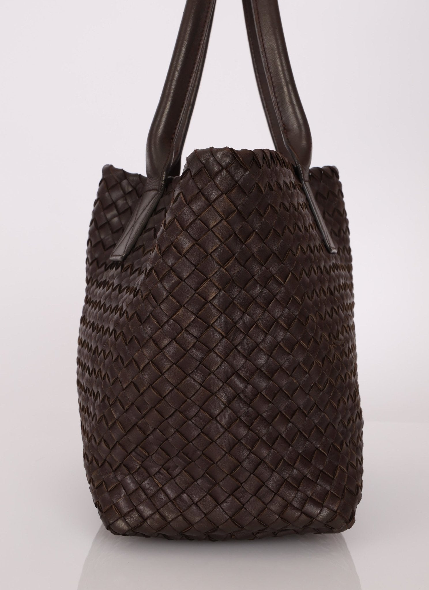Bottega Veneta Chocolate Intrecciato Small Cabat with Pouch - FashioNica