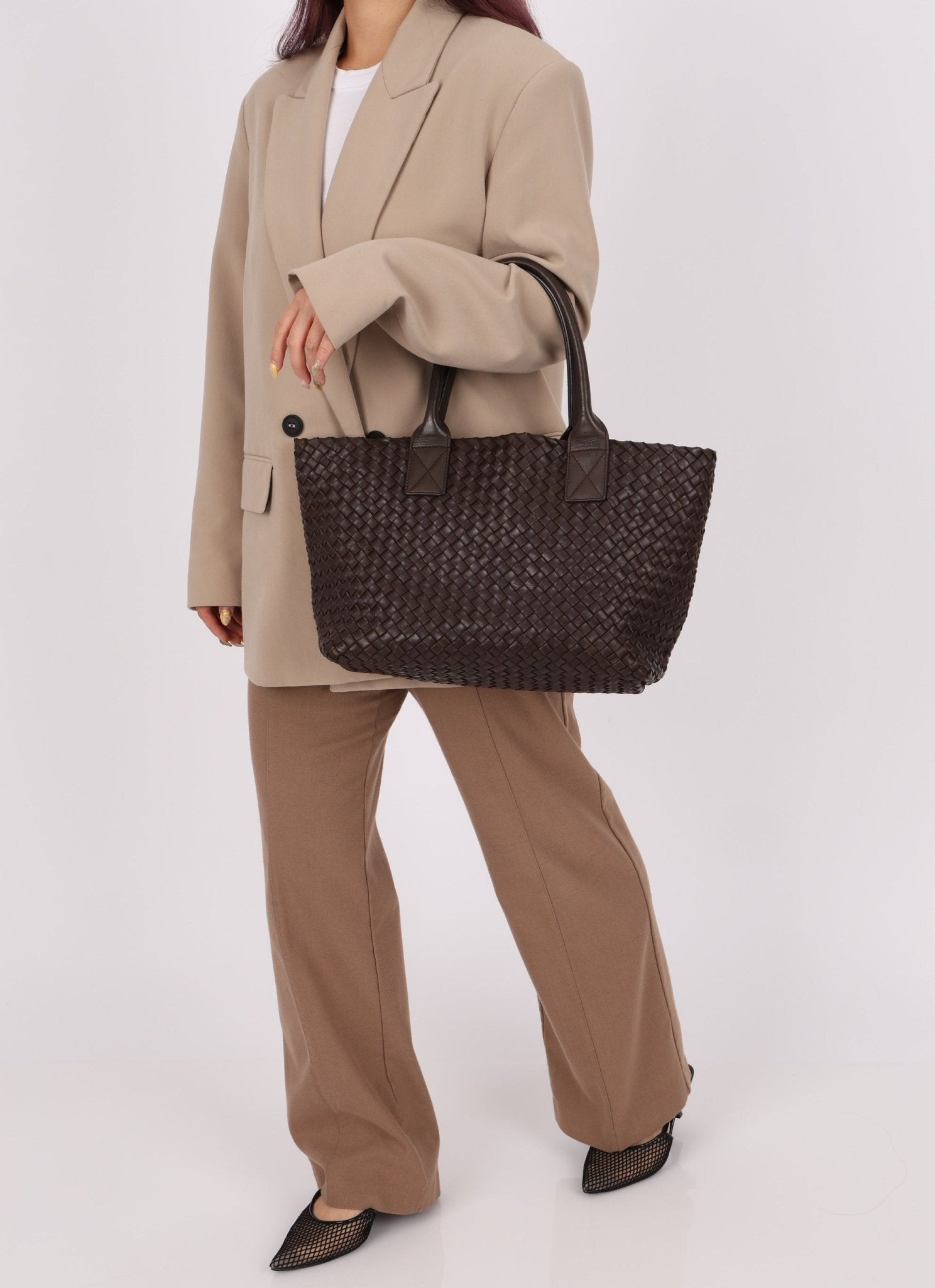 Bottega Veneta Chocolate Intrecciato Small Cabat with Pouch - FashioNica