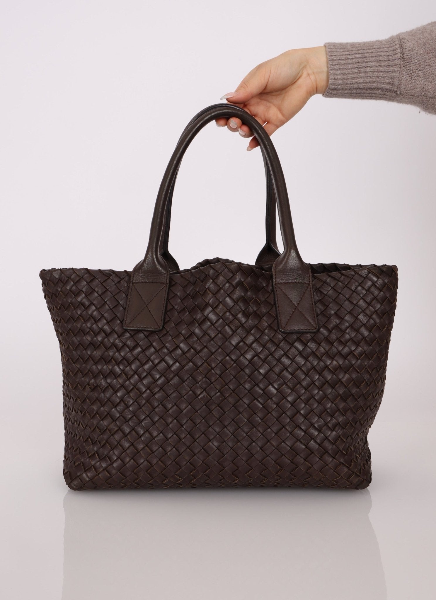 Bottega Veneta Chocolate Intrecciato Small Cabat with Pouch - FashioNica