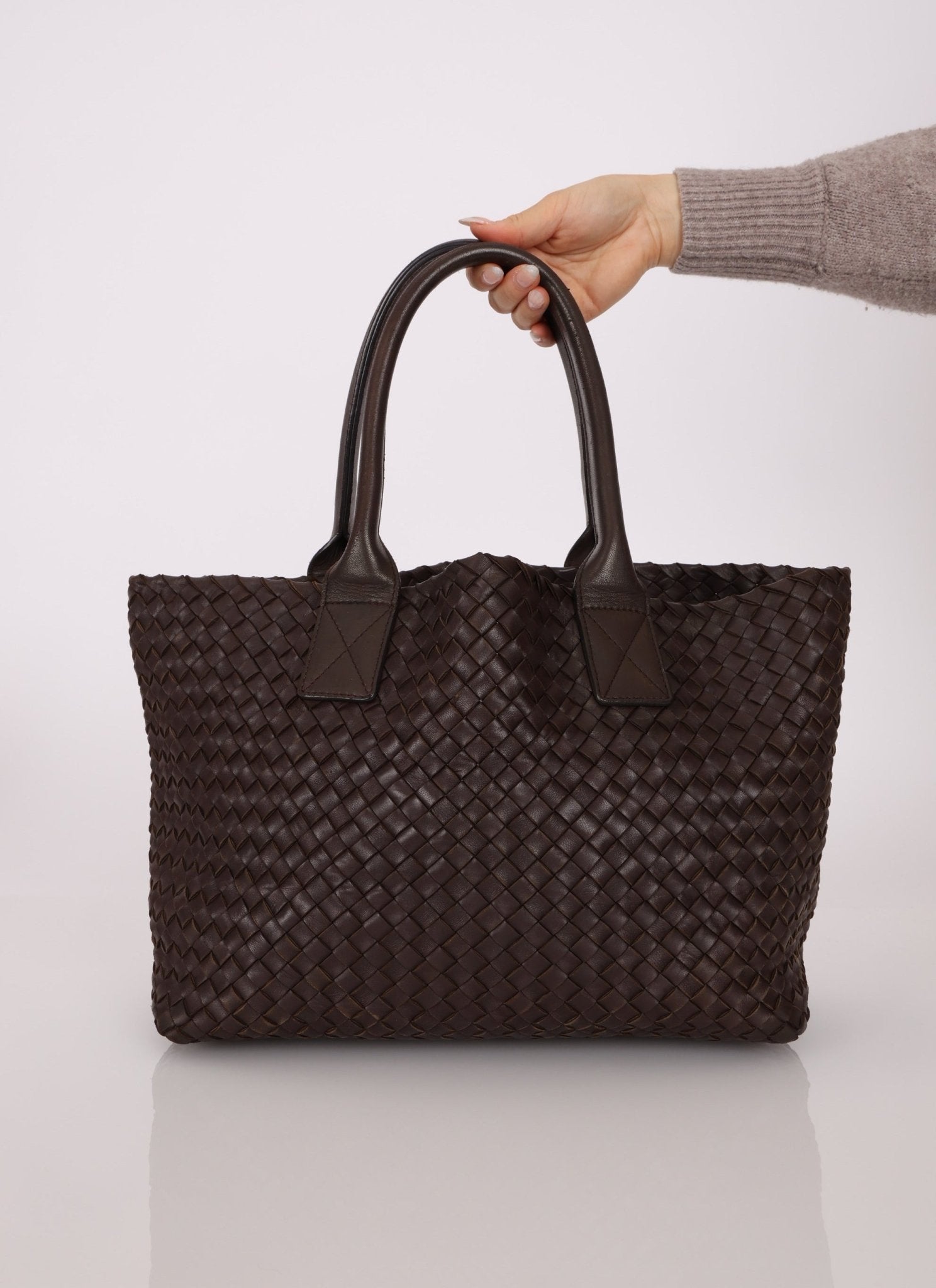 Bottega Veneta Chocolate Intrecciato Small Cabat with Pouch - FashioNica
