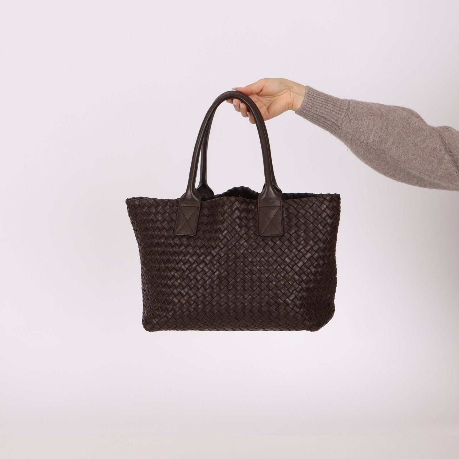 Bottega Veneta Chocolate Intrecciato Small Cabat with Pouch - FashioNica