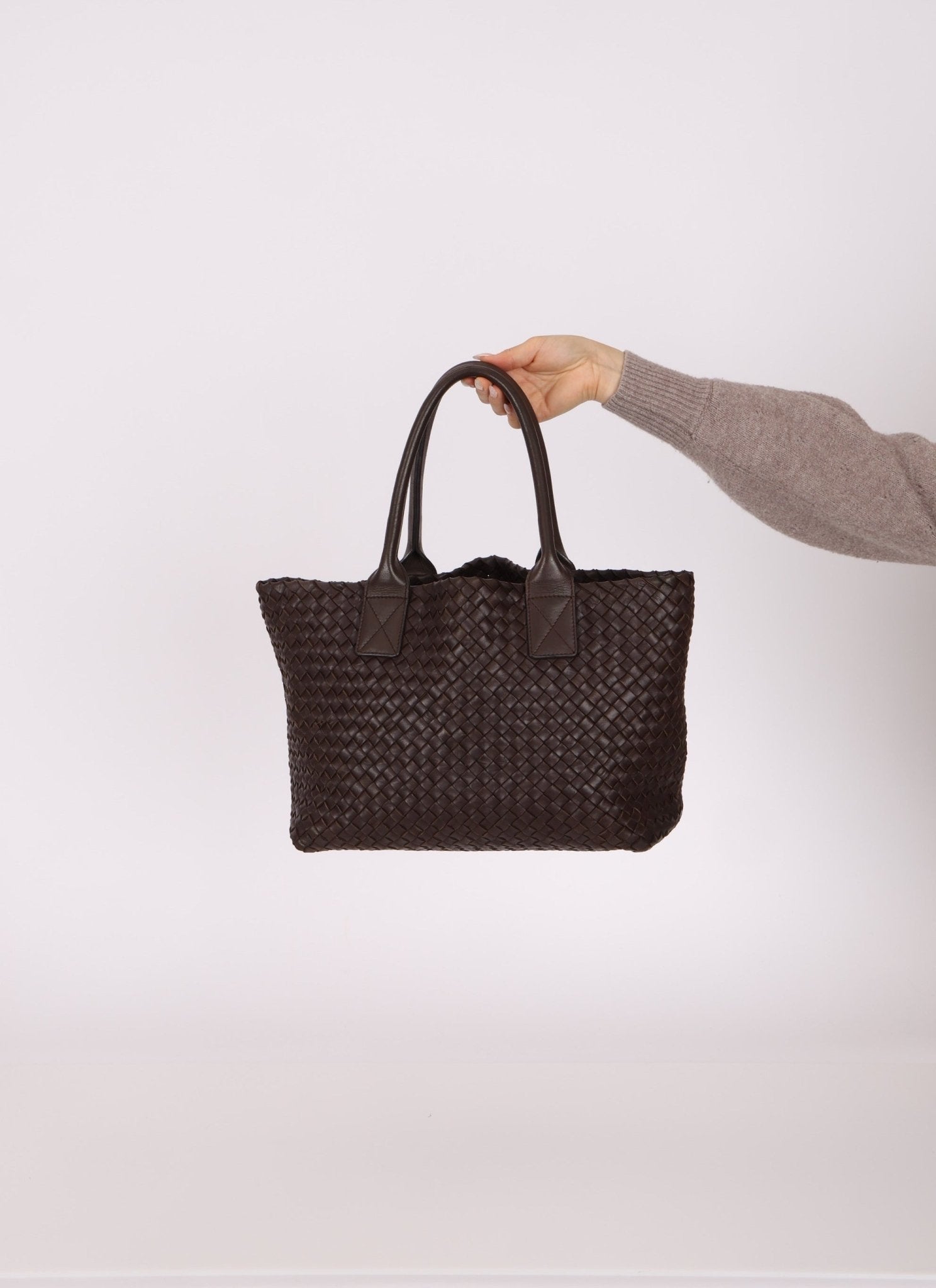Bottega Veneta Chocolate Intrecciato Small Cabat with Pouch - FashioNica