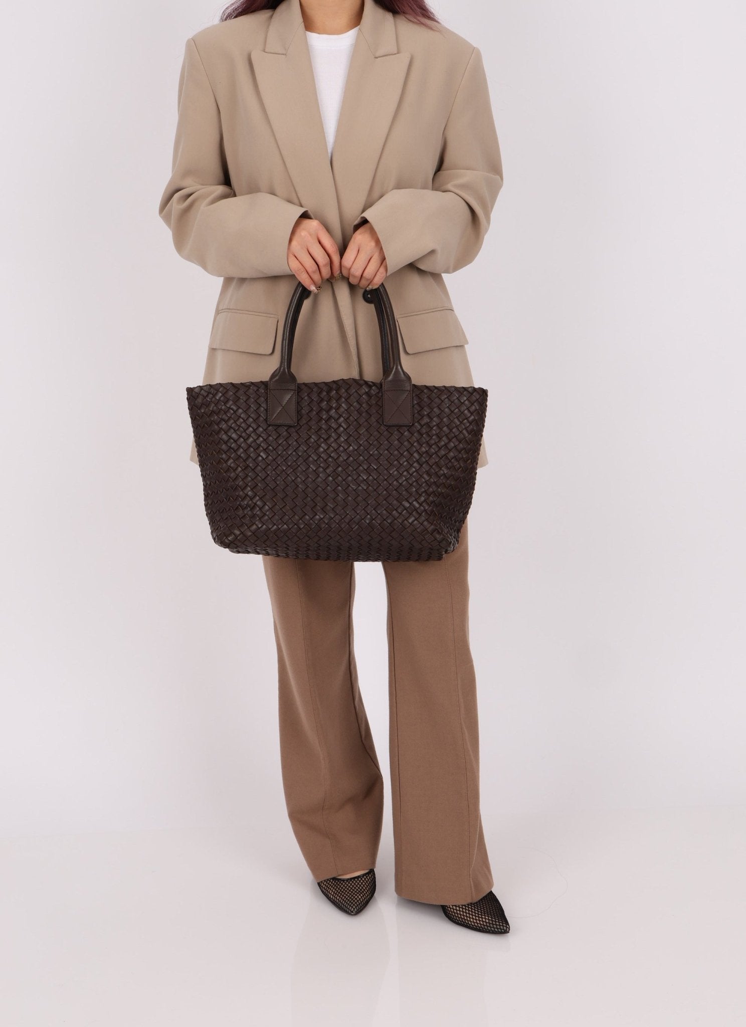Bottega Veneta Chocolate Intrecciato Small Cabat with Pouch - FashioNica