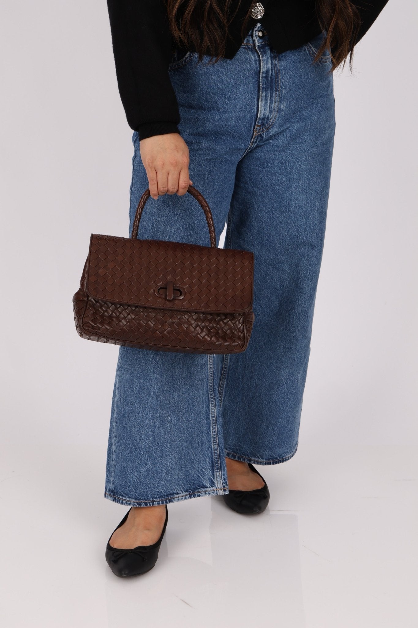 Bottega Veneta Chocolate Intrecciato Turnlock Top Handle Bag - FashioNica