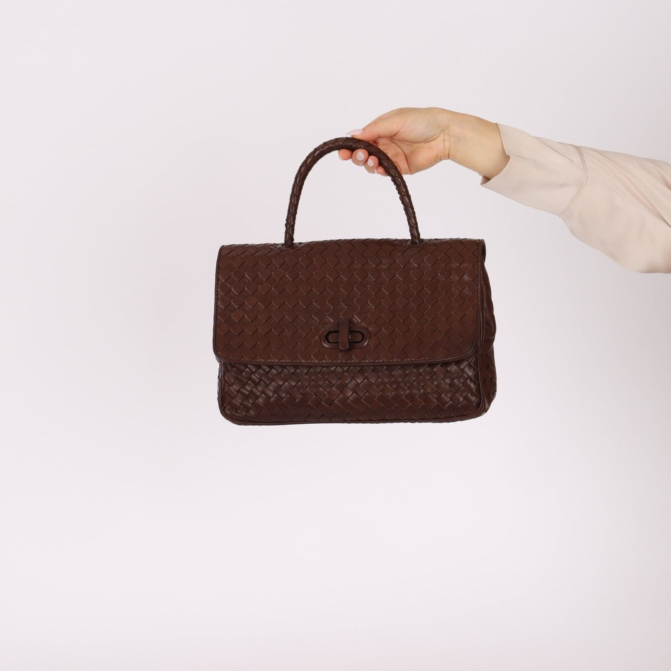 Bottega Veneta Chocolate Intrecciato Turnlock Top Handle Bag - FashioNica