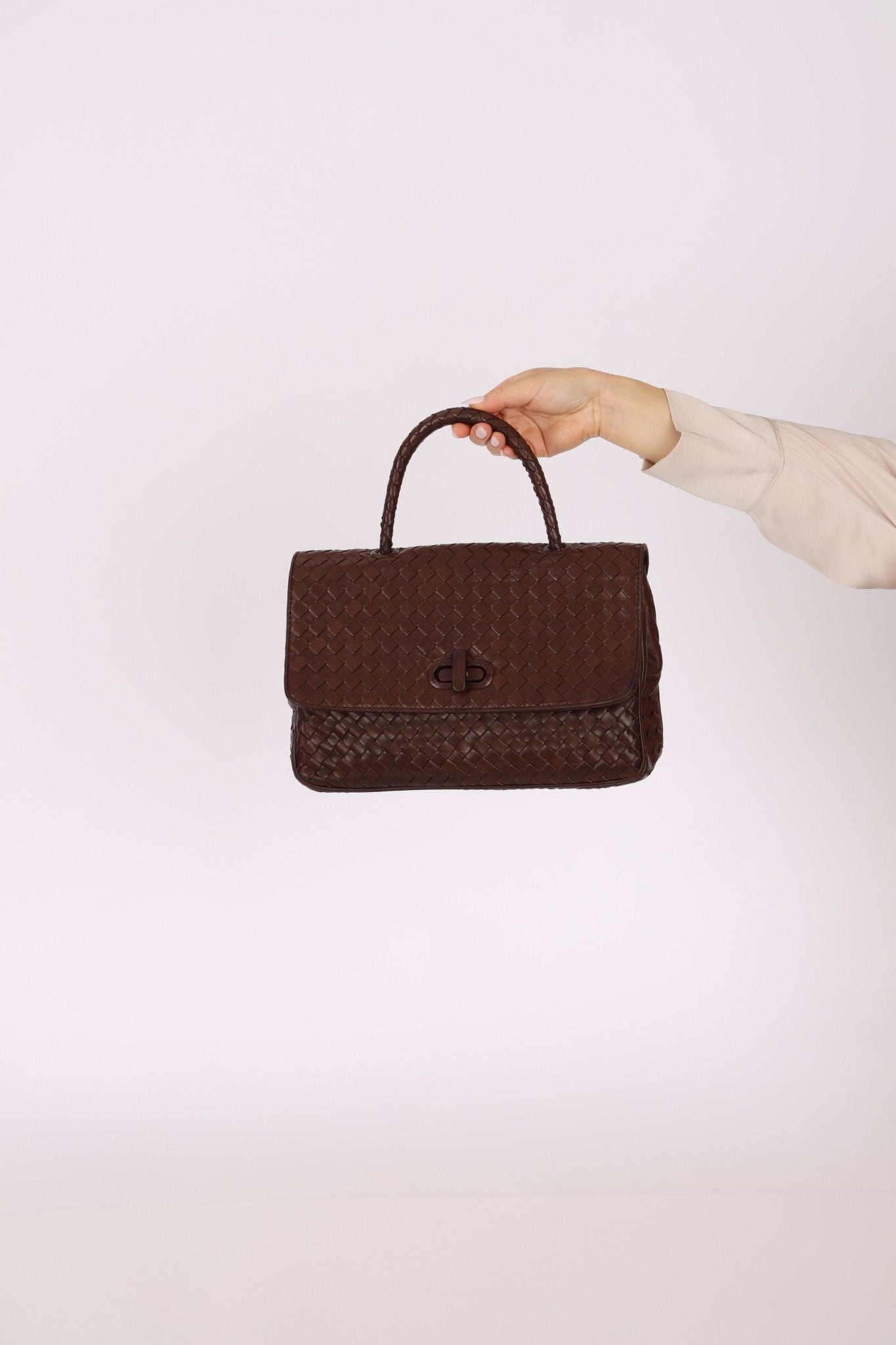 Bottega Veneta Chocolate Intrecciato Turnlock Top Handle Bag - FashioNica
