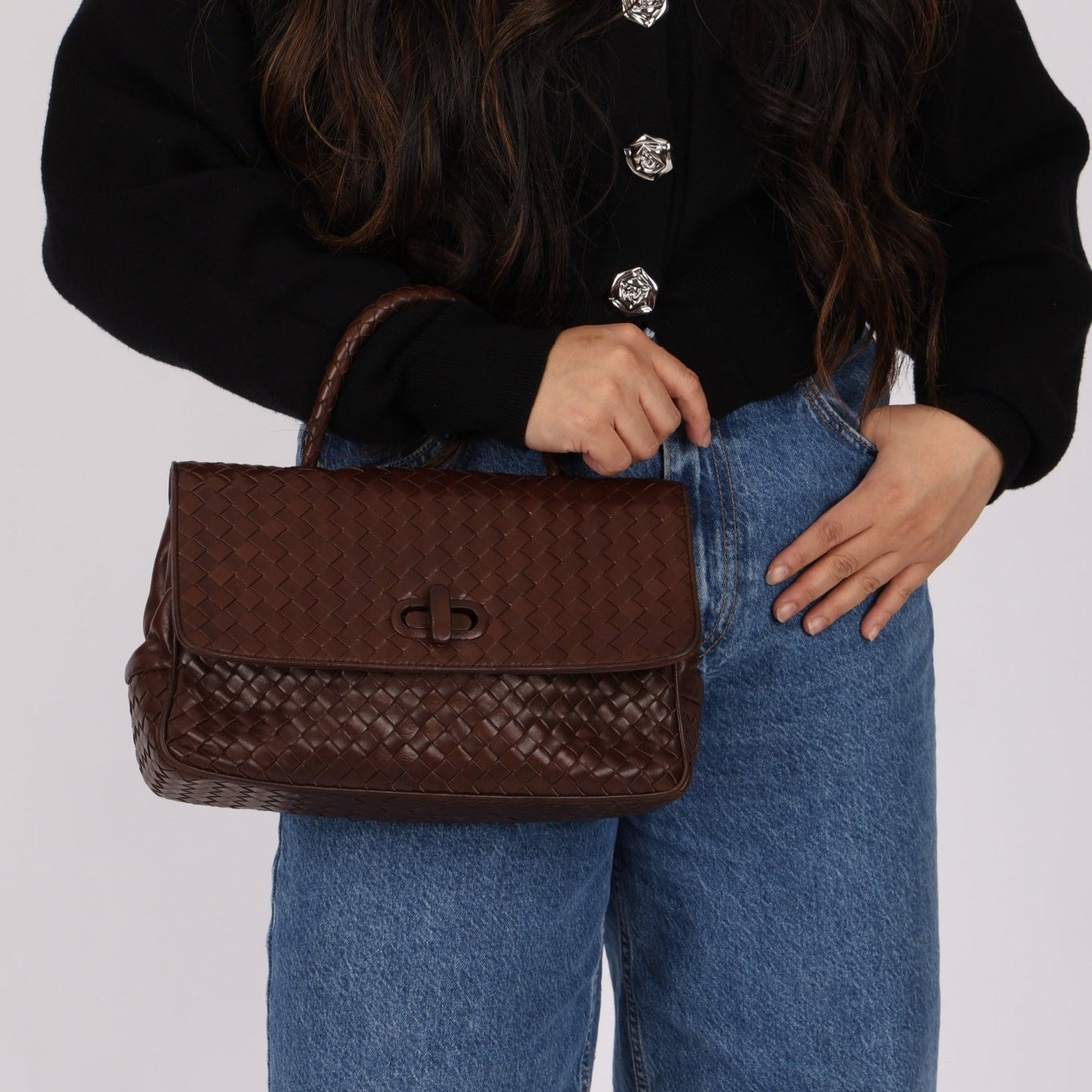 Bottega Veneta Chocolate Intrecciato Turnlock Top Handle Bag - FashioNica