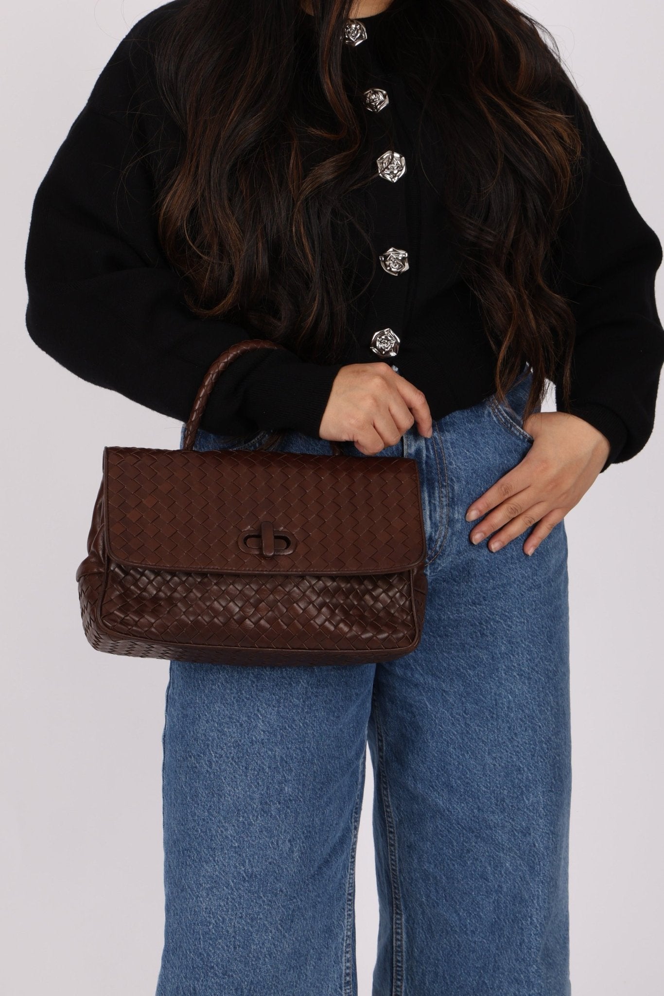 Bottega Veneta Chocolate Intrecciato Turnlock Top Handle Bag - FashioNica