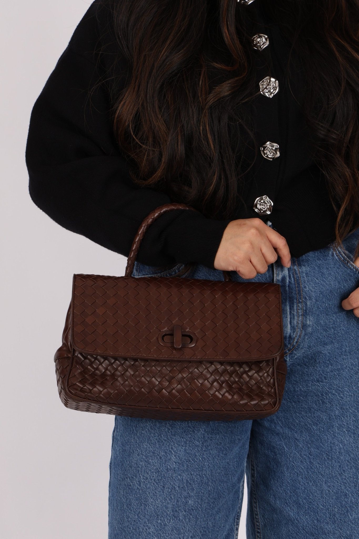 Bottega Veneta Chocolate Intrecciato Turnlock Top Handle Bag - FashioNica