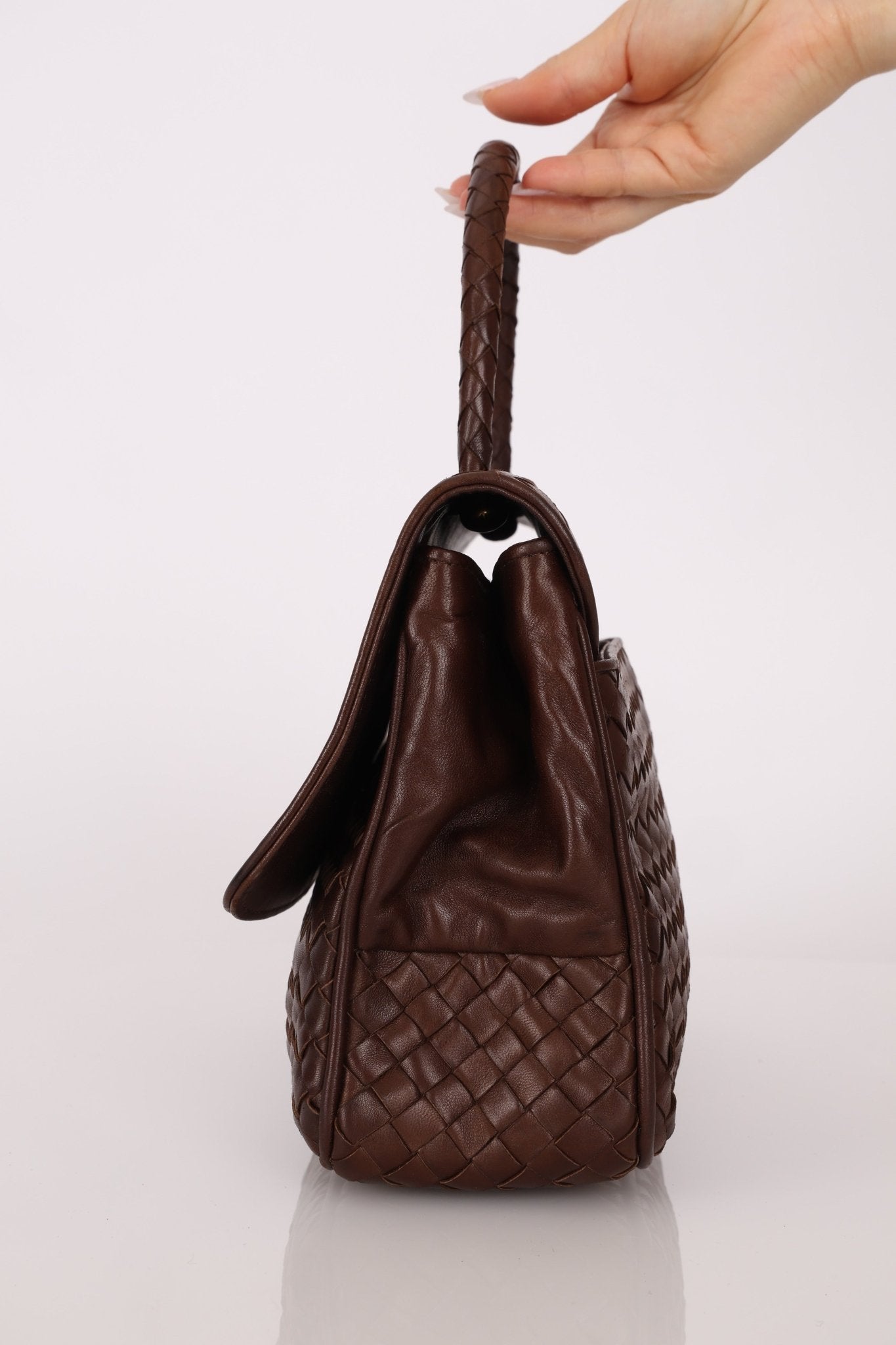 Bottega Veneta Chocolate Intrecciato Turnlock Top Handle Bag - FashioNica