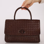 Bottega Veneta Chocolate Intrecciato Turnlock Top Handle Bag - FashioNica