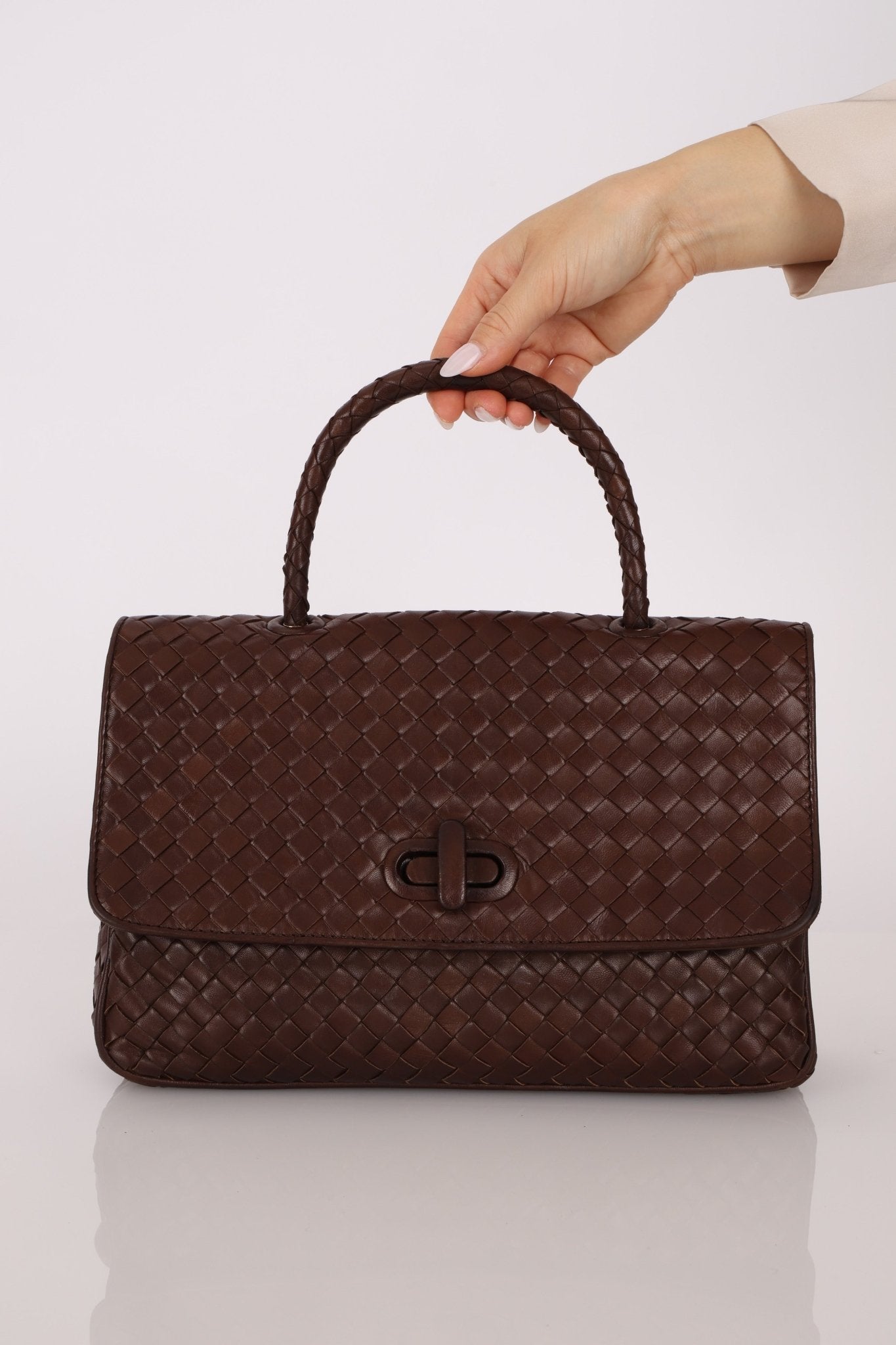 Bottega Veneta Chocolate Intrecciato Turnlock Top Handle Bag - FashioNica