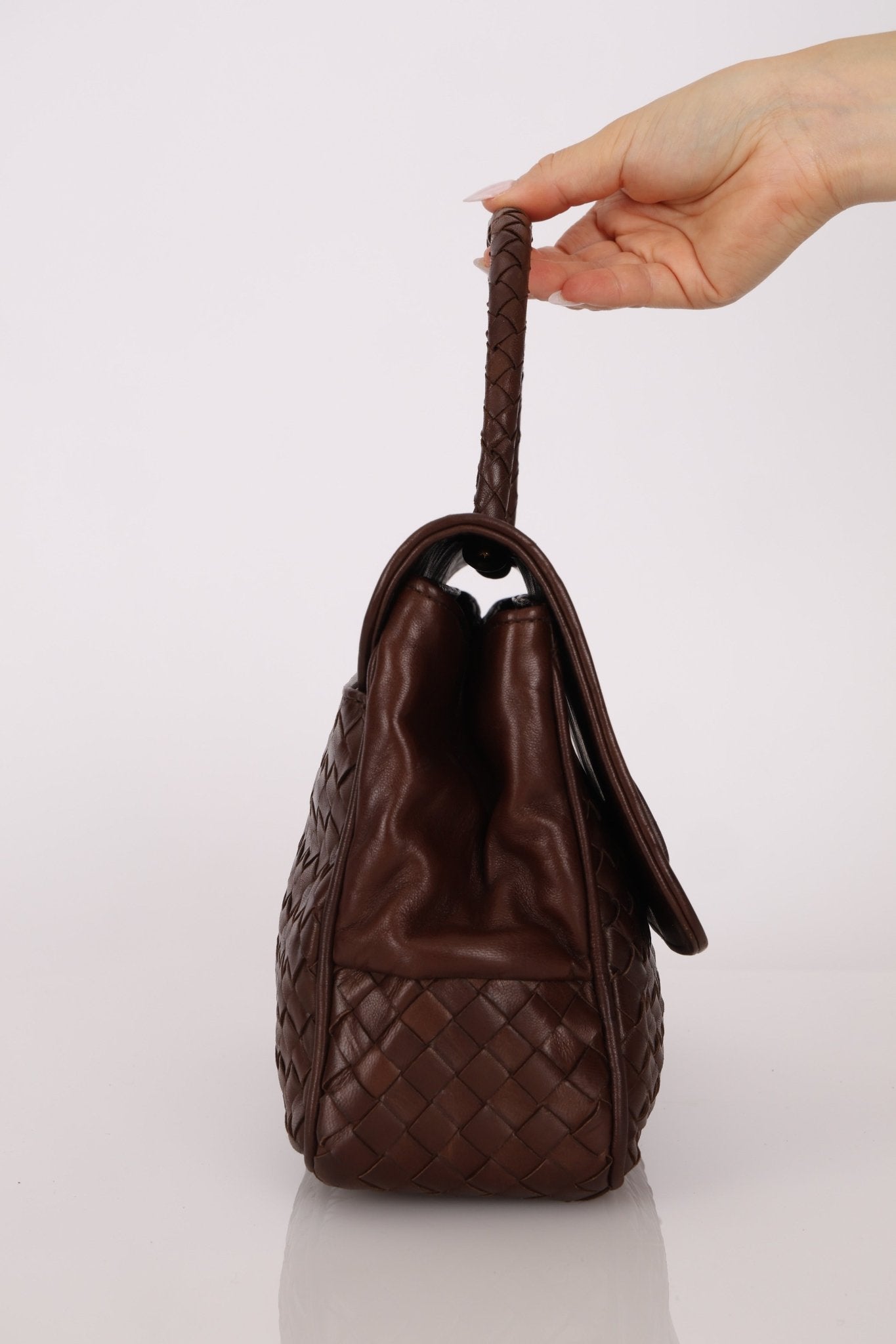 Bottega Veneta Chocolate Intrecciato Turnlock Top Handle Bag - FashioNica