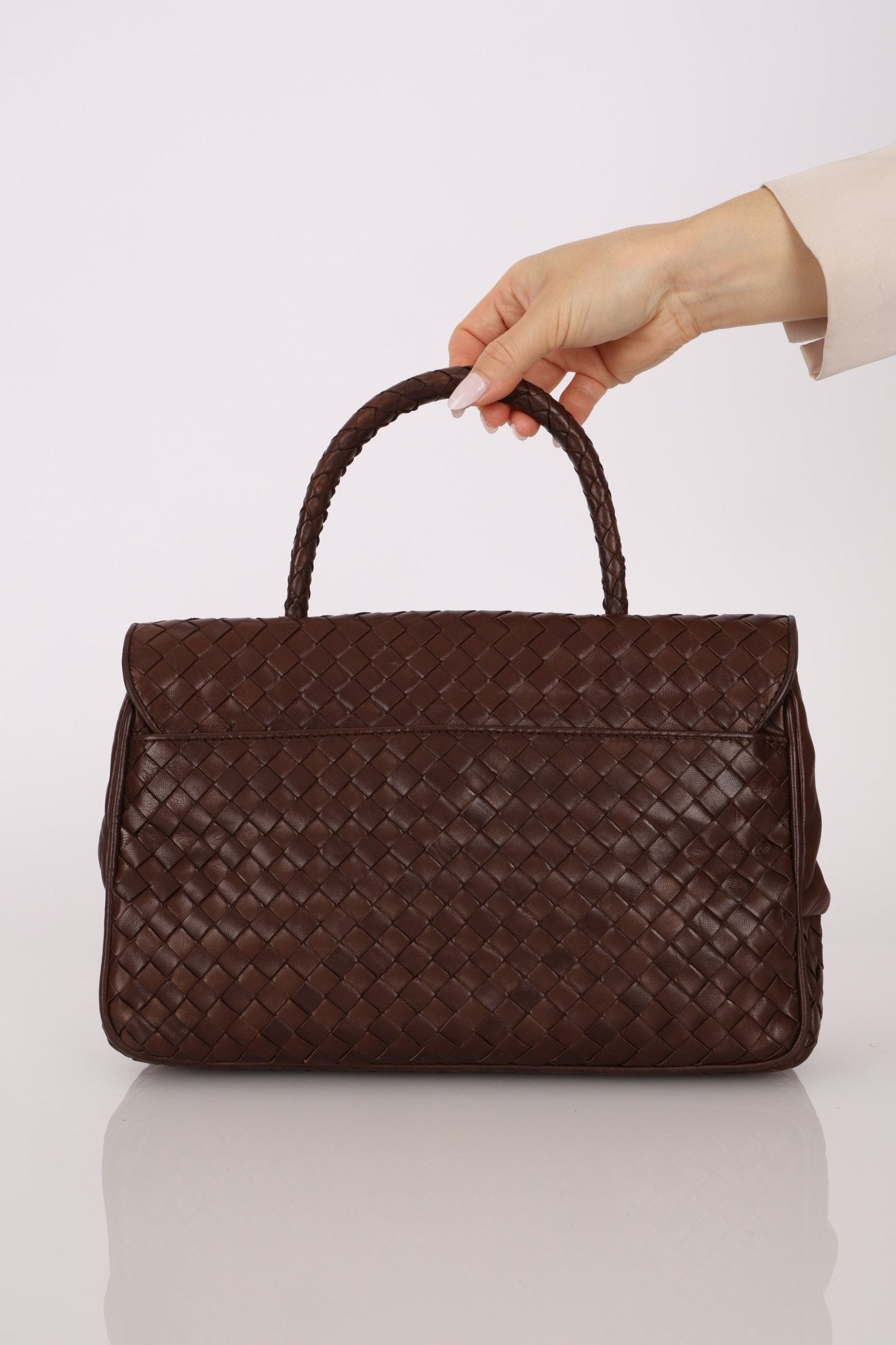 Bottega Veneta Chocolate Intrecciato Turnlock Top Handle Bag - FashioNica