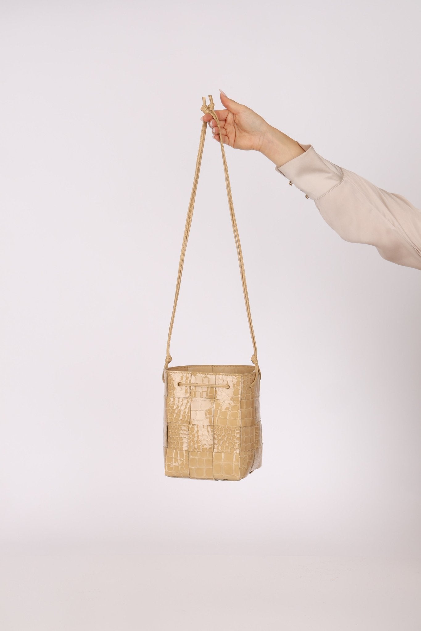 Bottega Veneta Gloss Croc Embossed Mini Cassette Bucket Bag - FashioNica