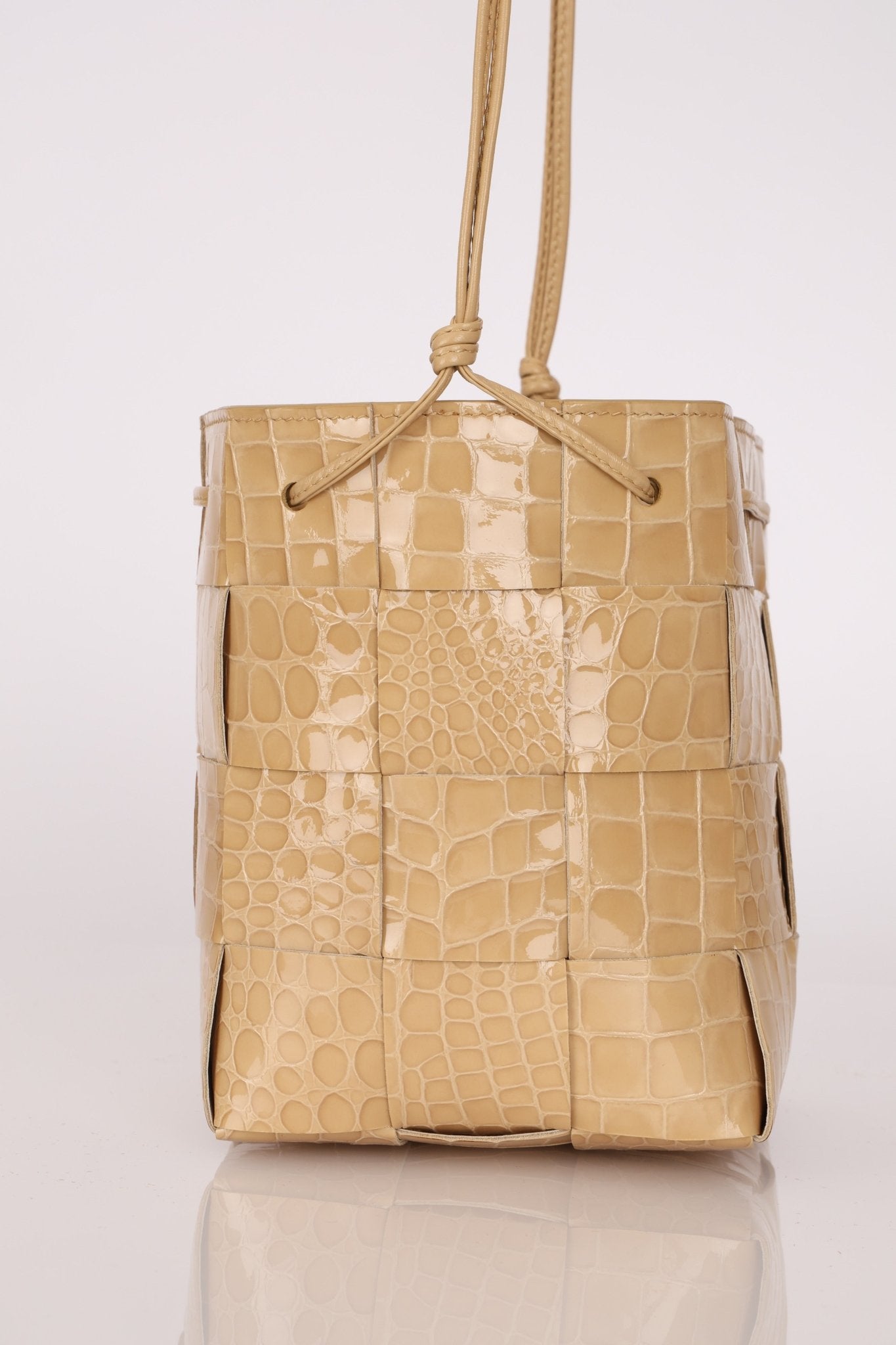 Bottega Veneta Gloss Croc Embossed Mini Cassette Bucket Bag - FashioNica