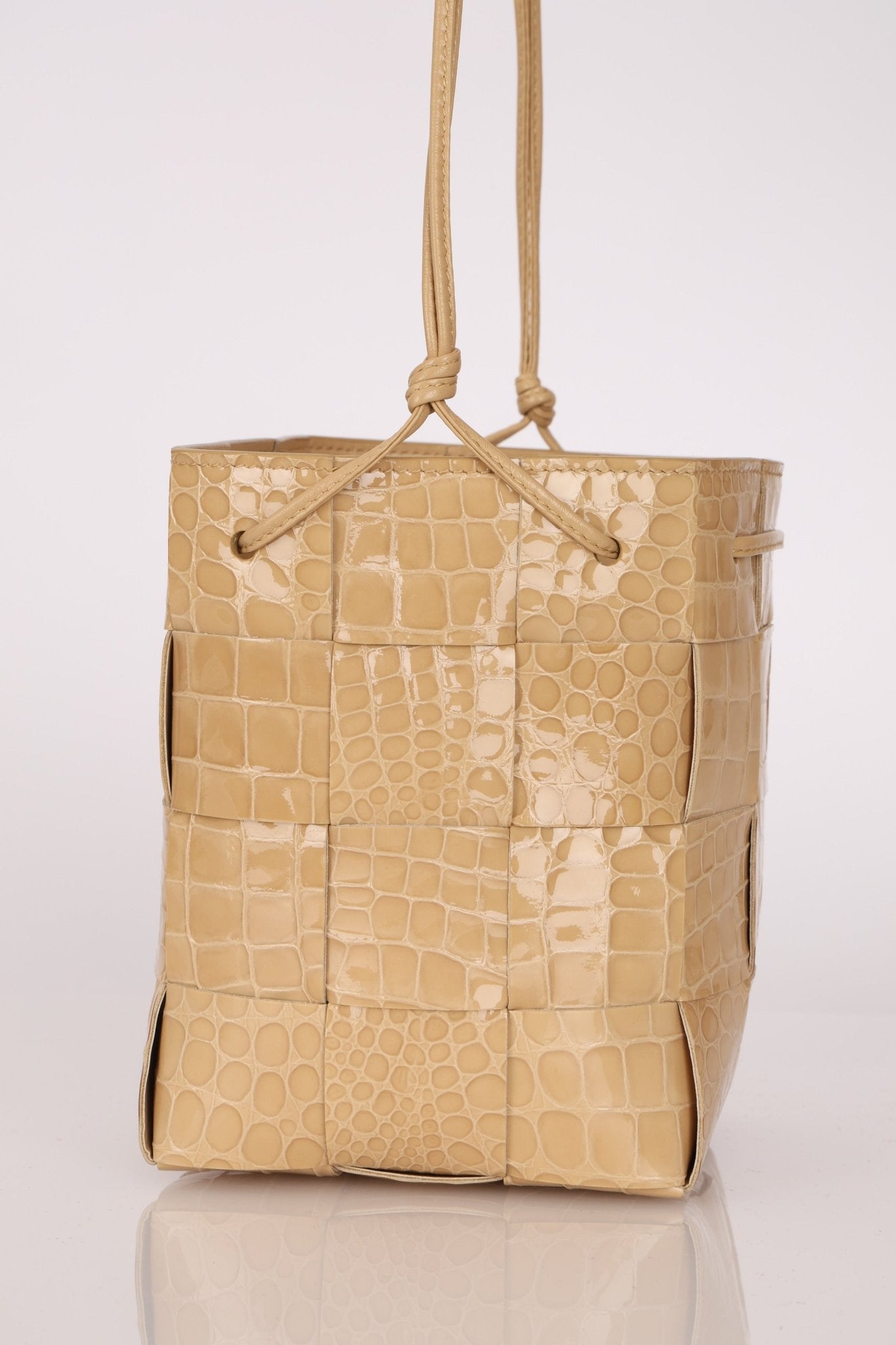 Bottega Veneta Gloss Croc Embossed Mini Cassette Bucket Bag - FashioNica