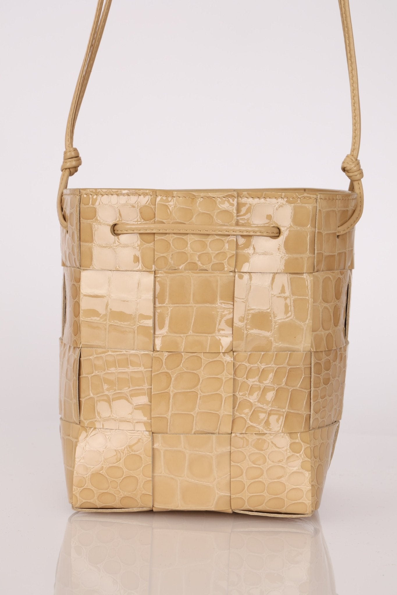 Bottega Veneta Gloss Croc Embossed Mini Cassette Bucket Bag - FashioNica