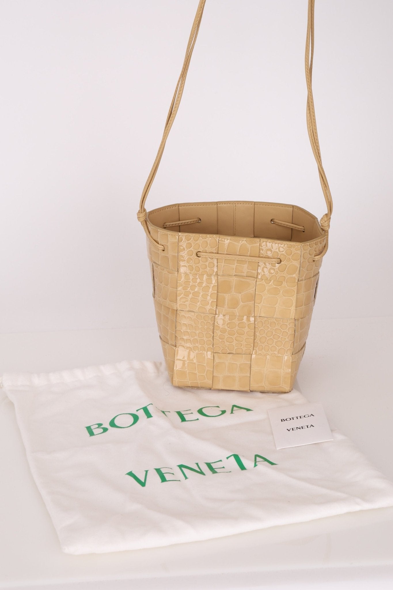 Bottega Veneta Gloss Croc Embossed Mini Cassette Bucket Bag - FashioNica