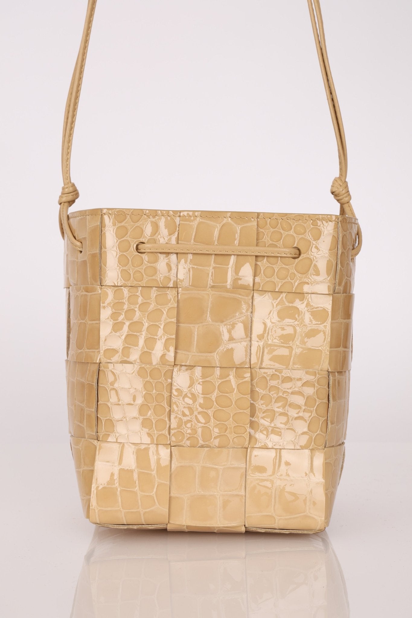 Bottega Veneta Gloss Croc Embossed Mini Cassette Bucket Bag - FashioNica