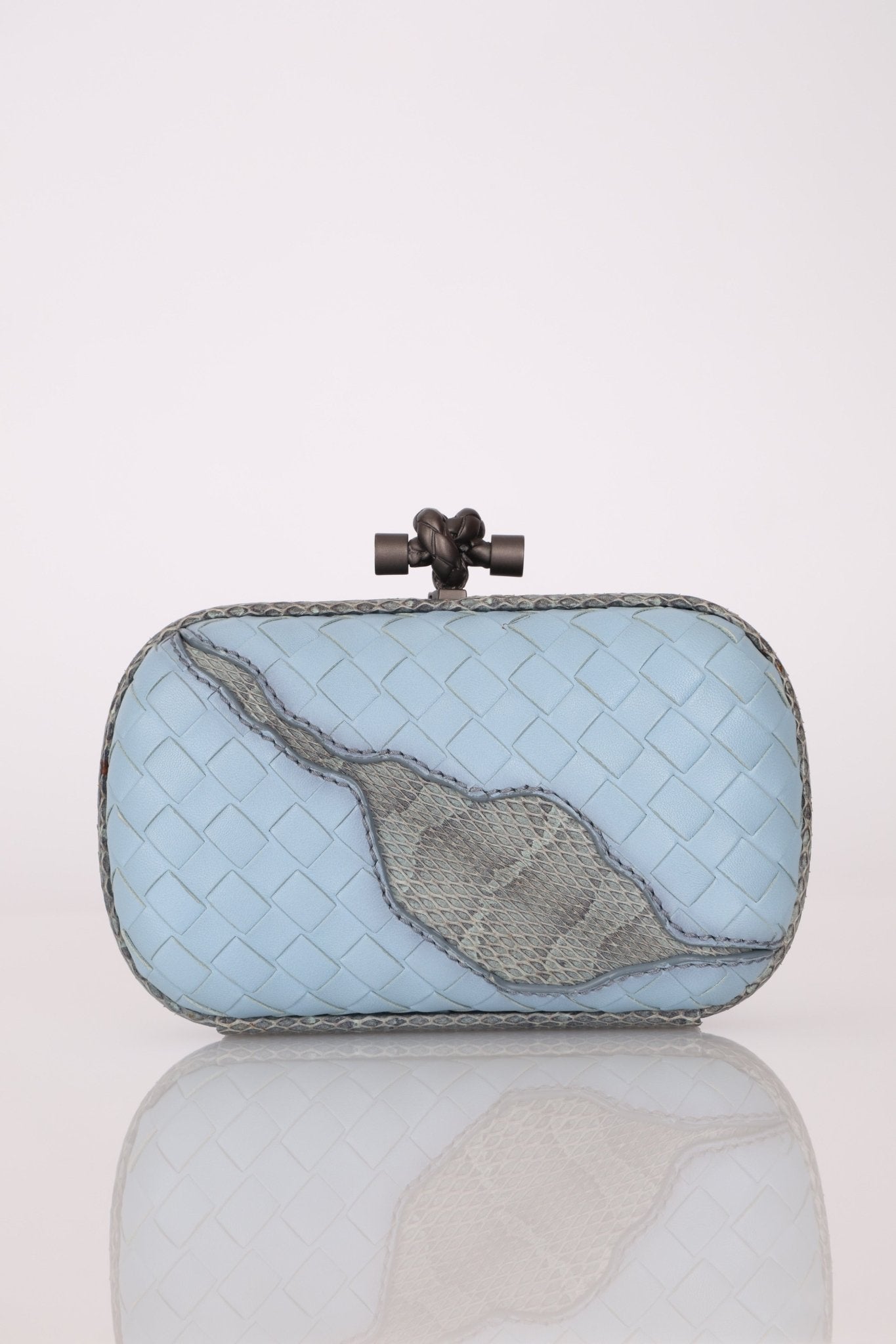 Bottega Veneta Intrecciato Light Blue Python Break Kisslock Clutch - FashioNica