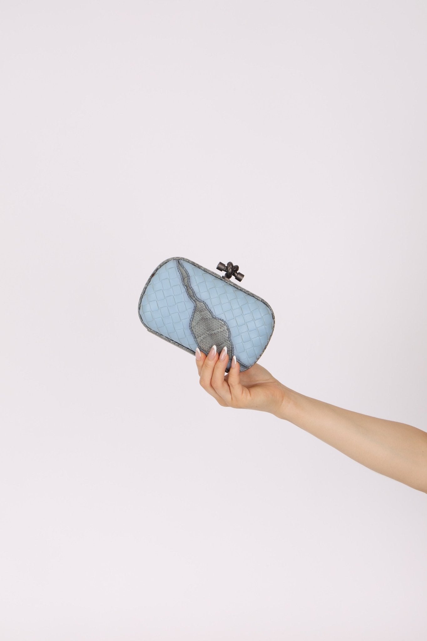 Bottega Veneta Intrecciato Light Blue Python Break Kisslock Clutch - FashioNica