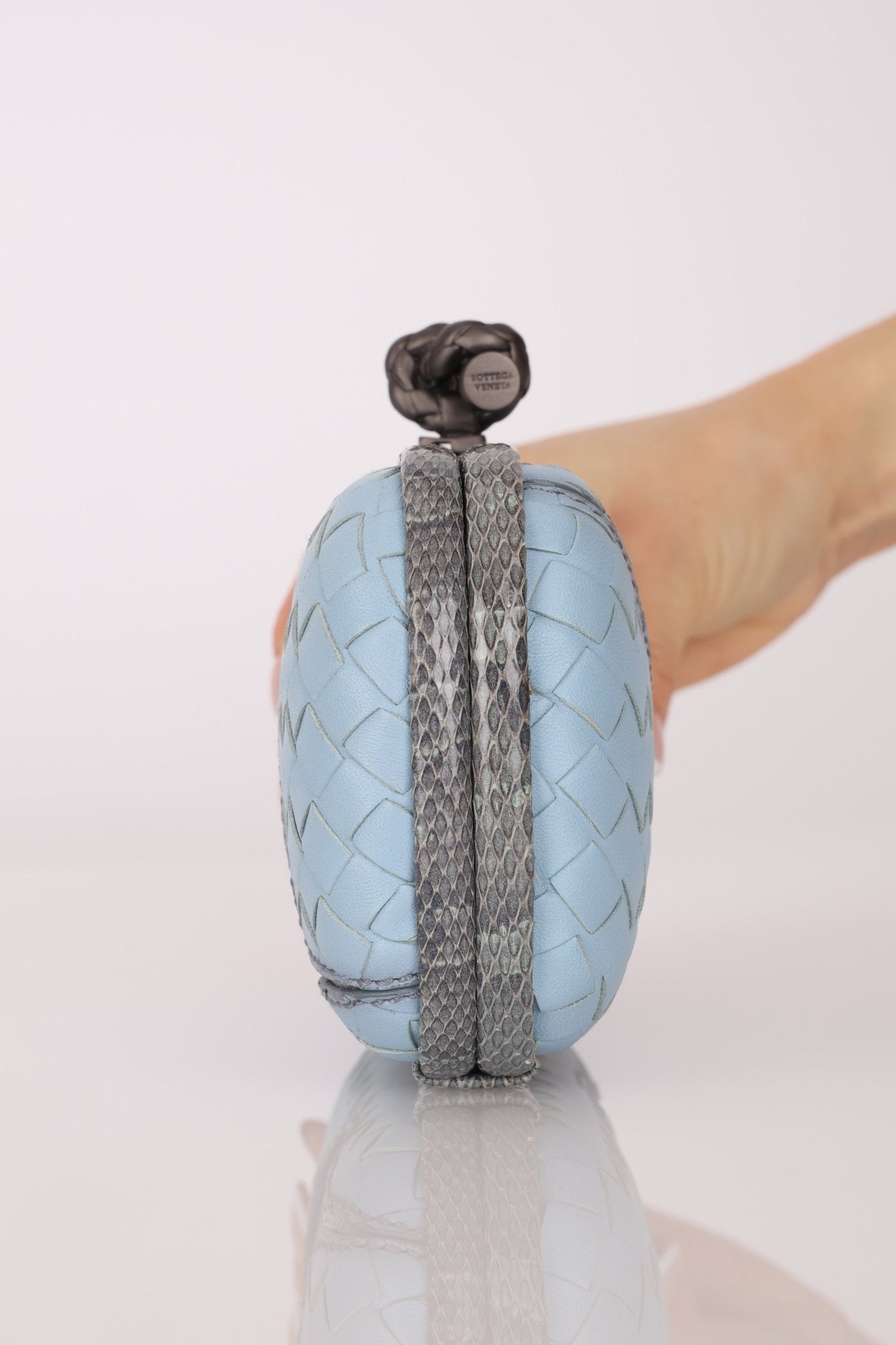 Bottega Veneta Intrecciato Light Blue Python Break Kisslock Clutch - FashioNica