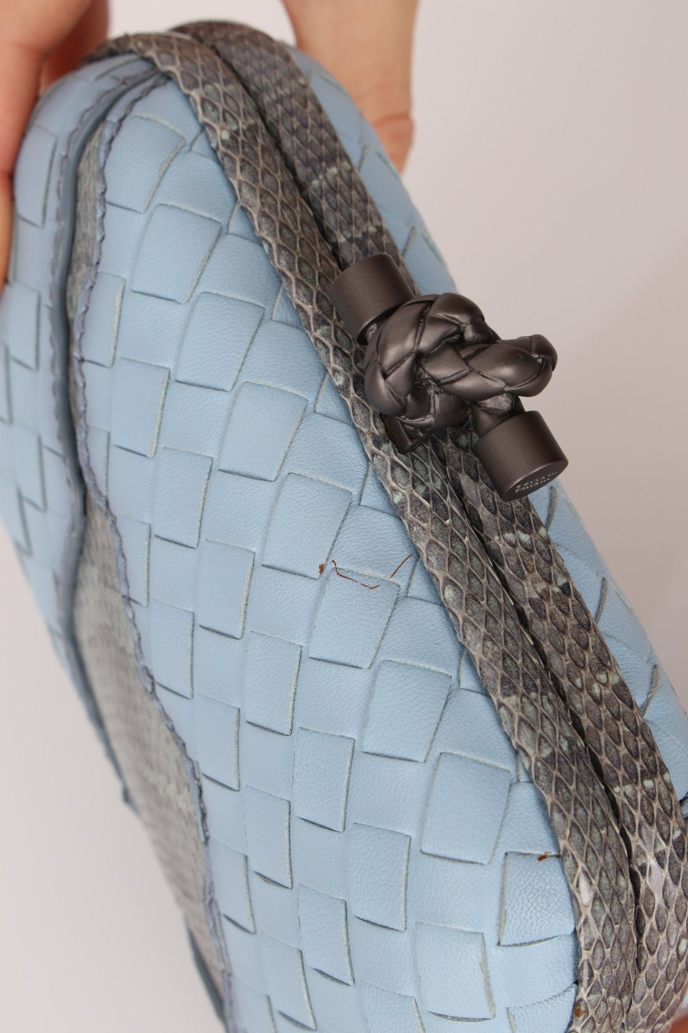 Bottega Veneta Intrecciato Light Blue Python Break Kisslock Clutch - FashioNica
