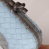 Bottega Veneta Intrecciato Light Blue Python Break Kisslock Clutch - FashioNica