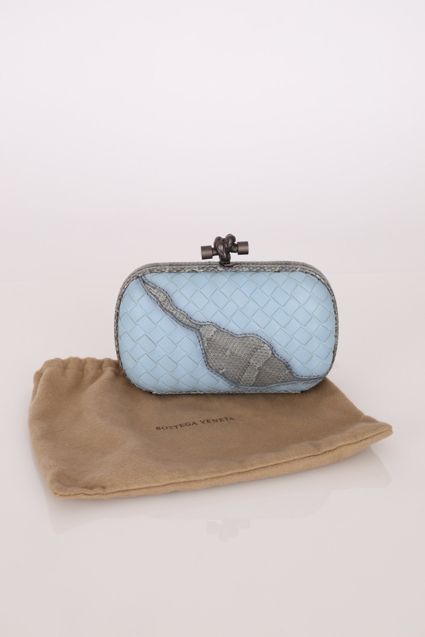 Bottega Veneta Intrecciato Light Blue Python Break Kisslock Clutch - FashioNica