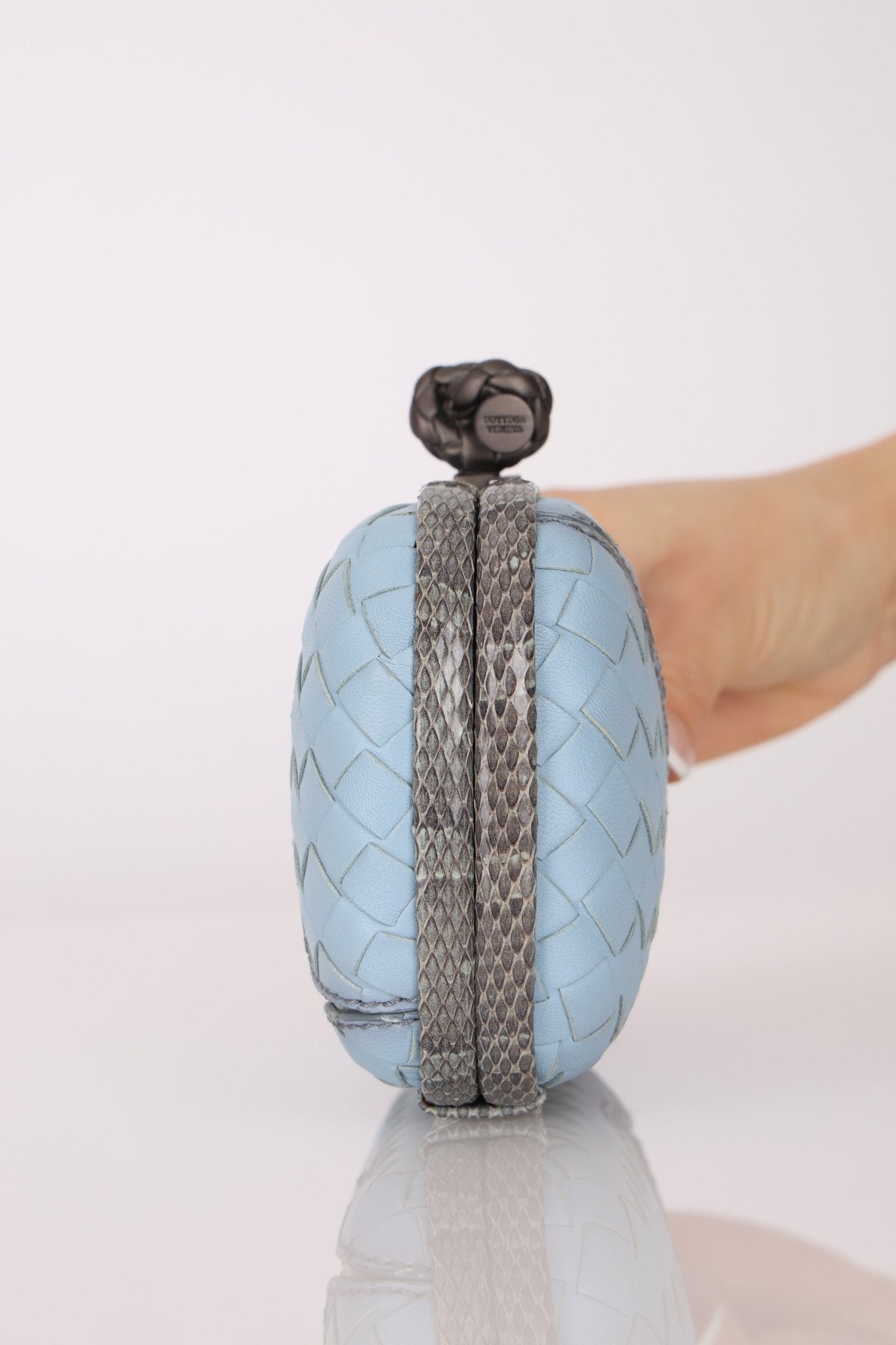Bottega Veneta Intrecciato Light Blue Python Break Kisslock Clutch - FashioNica