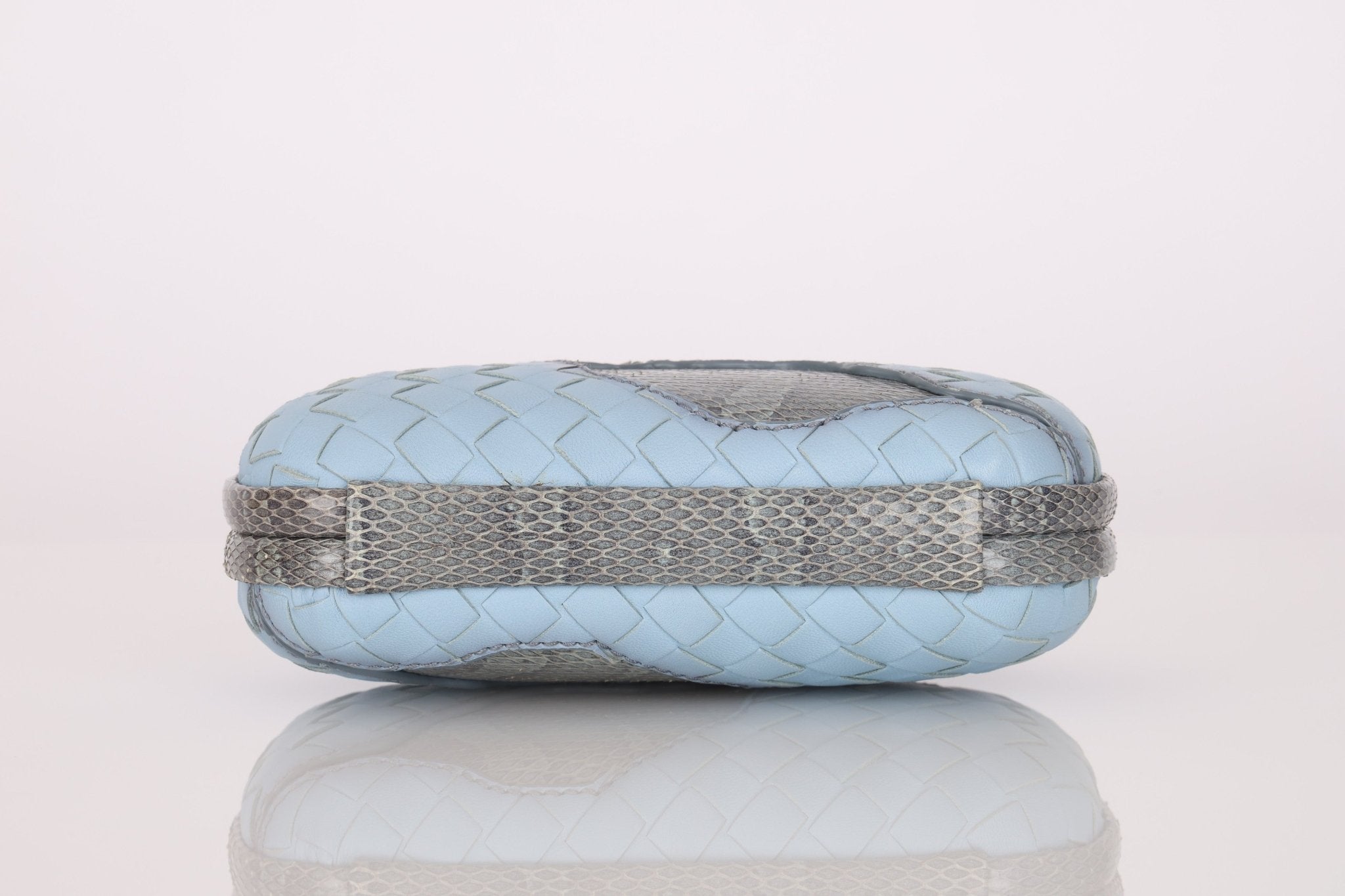 Bottega Veneta Intrecciato Light Blue Python Break Kisslock Clutch - FashioNica