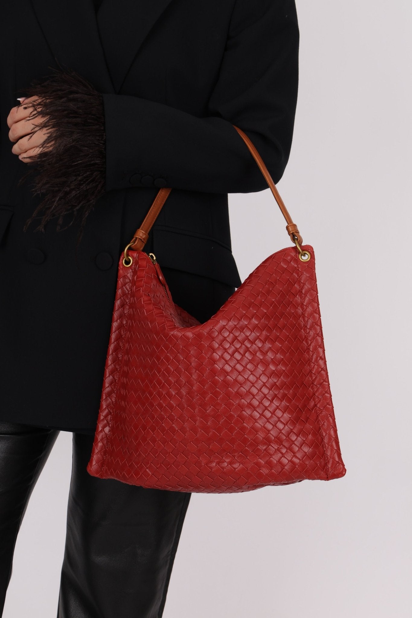 Bottega Veneta Lambskin Red Intrecciato Papier Shoulder Bag - FashioNica