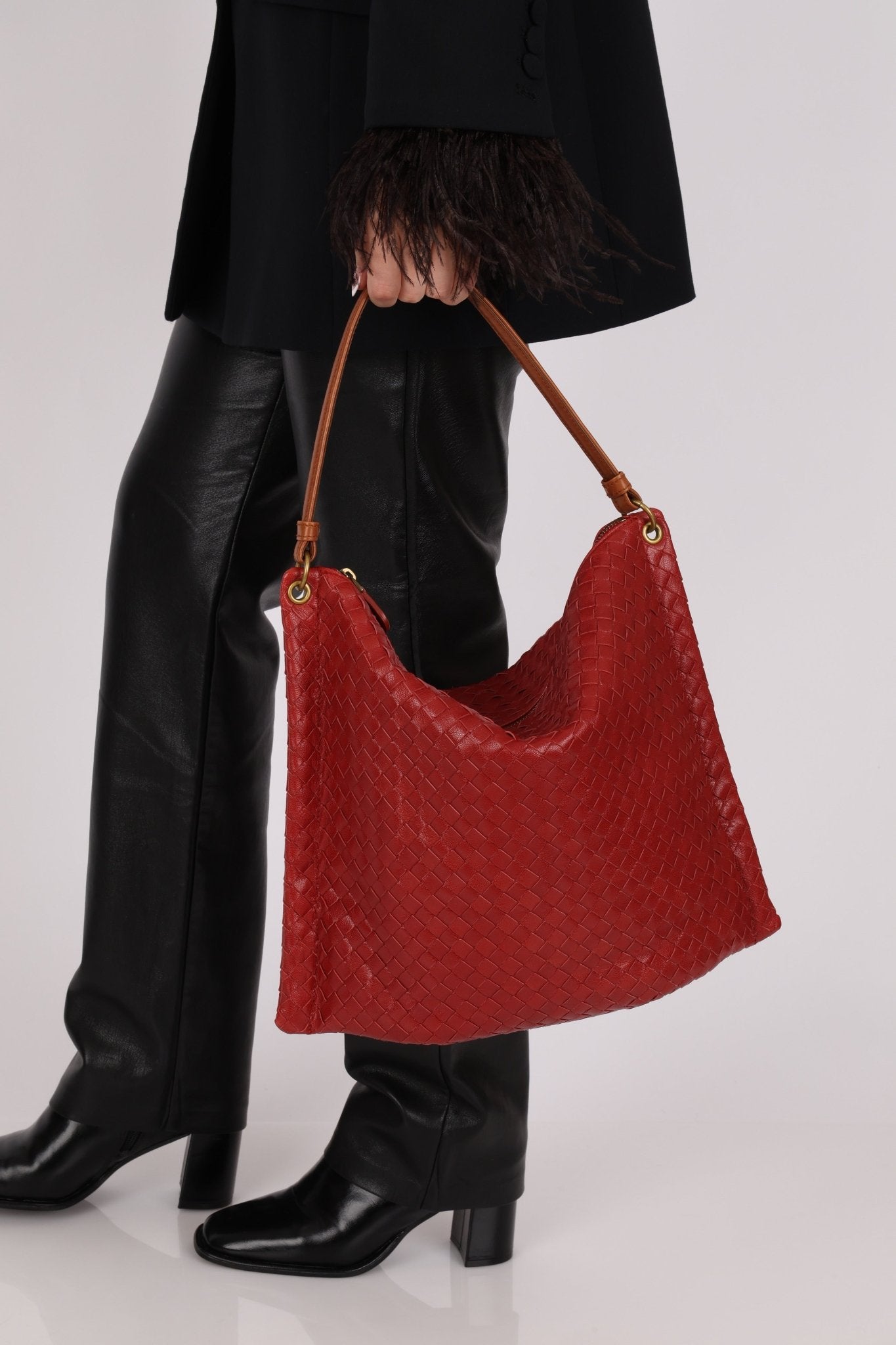 Bottega Veneta Lambskin Red Intrecciato Papier Shoulder Bag - FashioNica