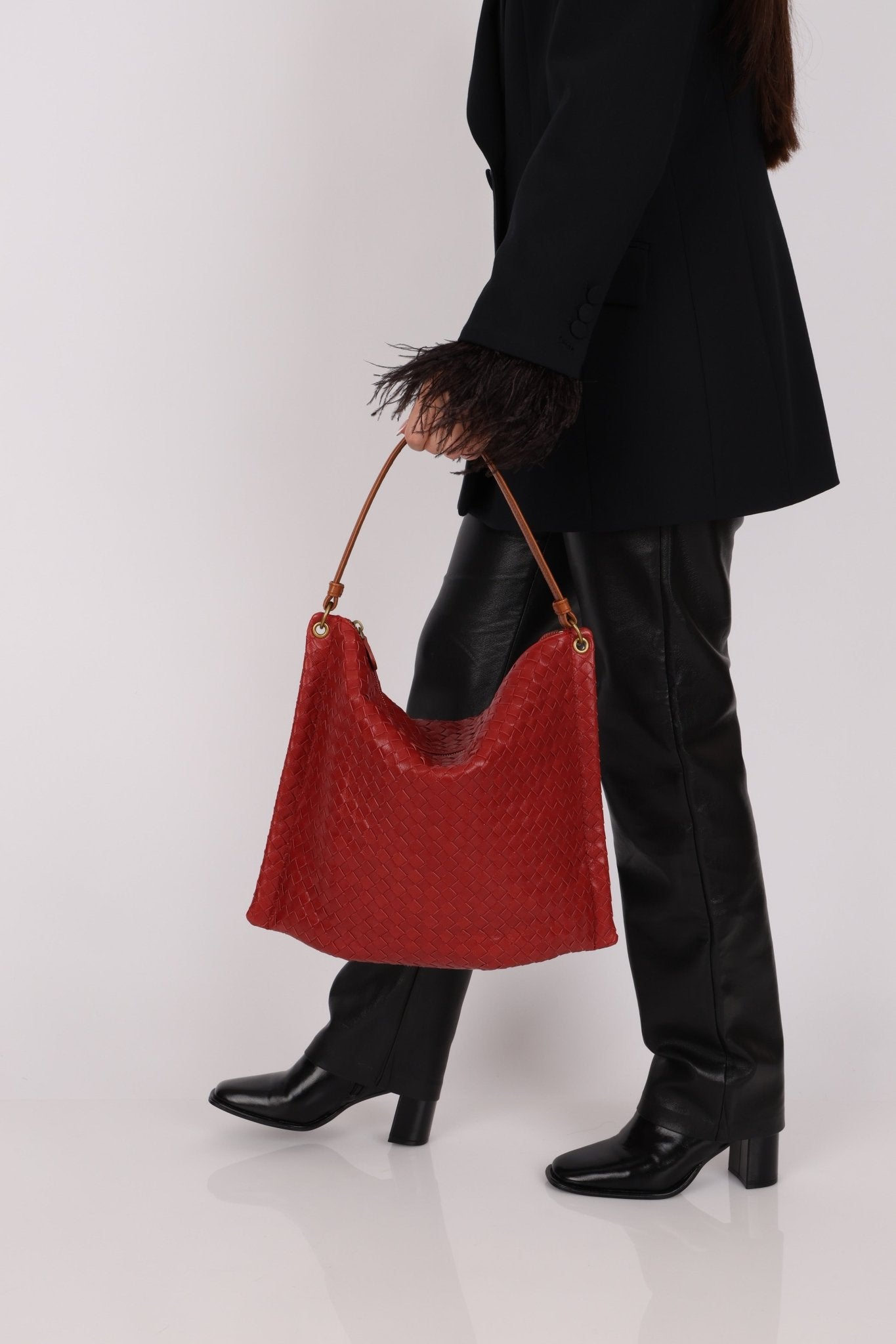 Bottega Veneta Lambskin Red Intrecciato Papier Shoulder Bag - FashioNica