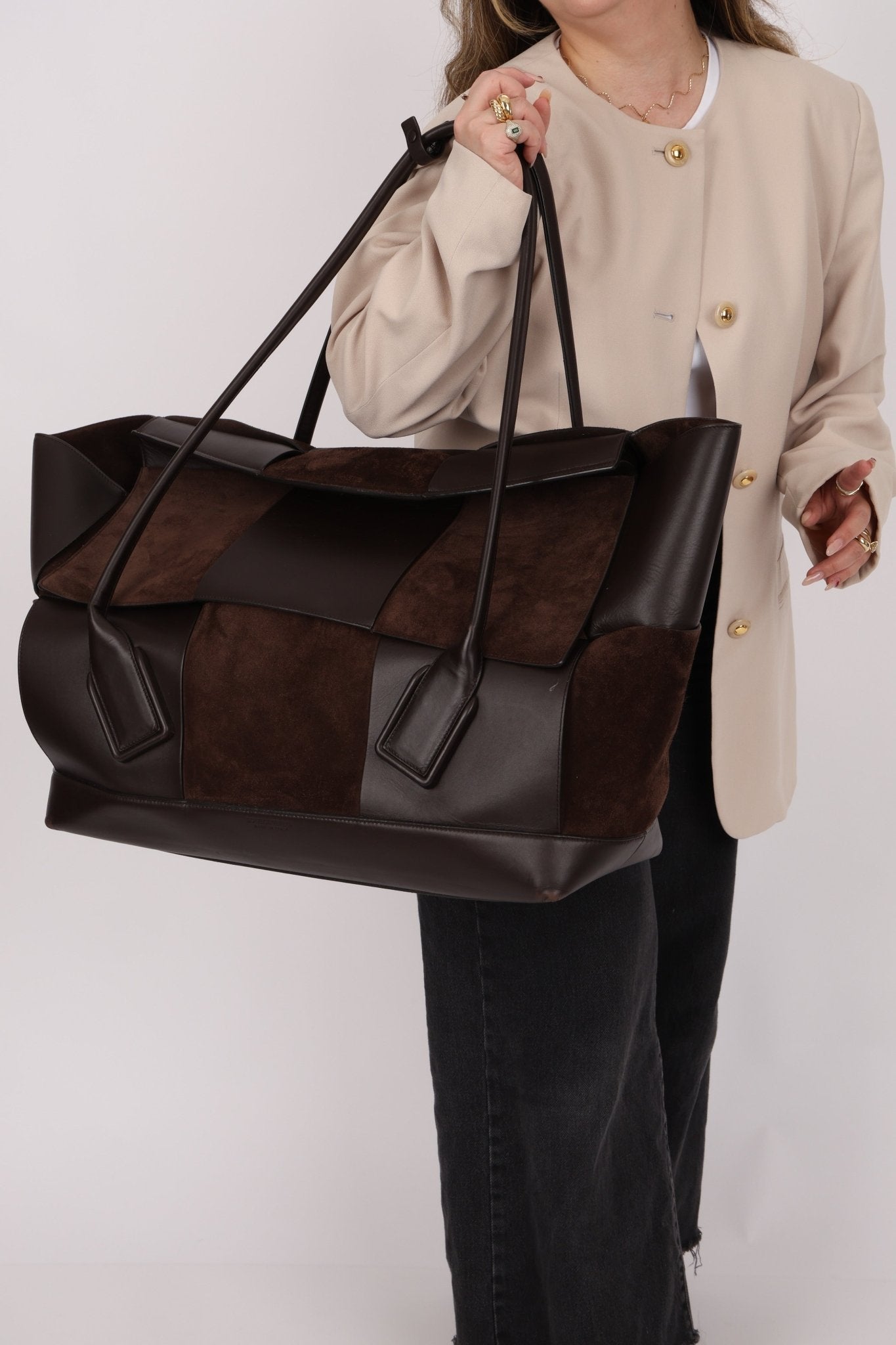 Bottega Veneta Maxi Suede & Leather Intrecciato XL Arco Tote - FashioNica