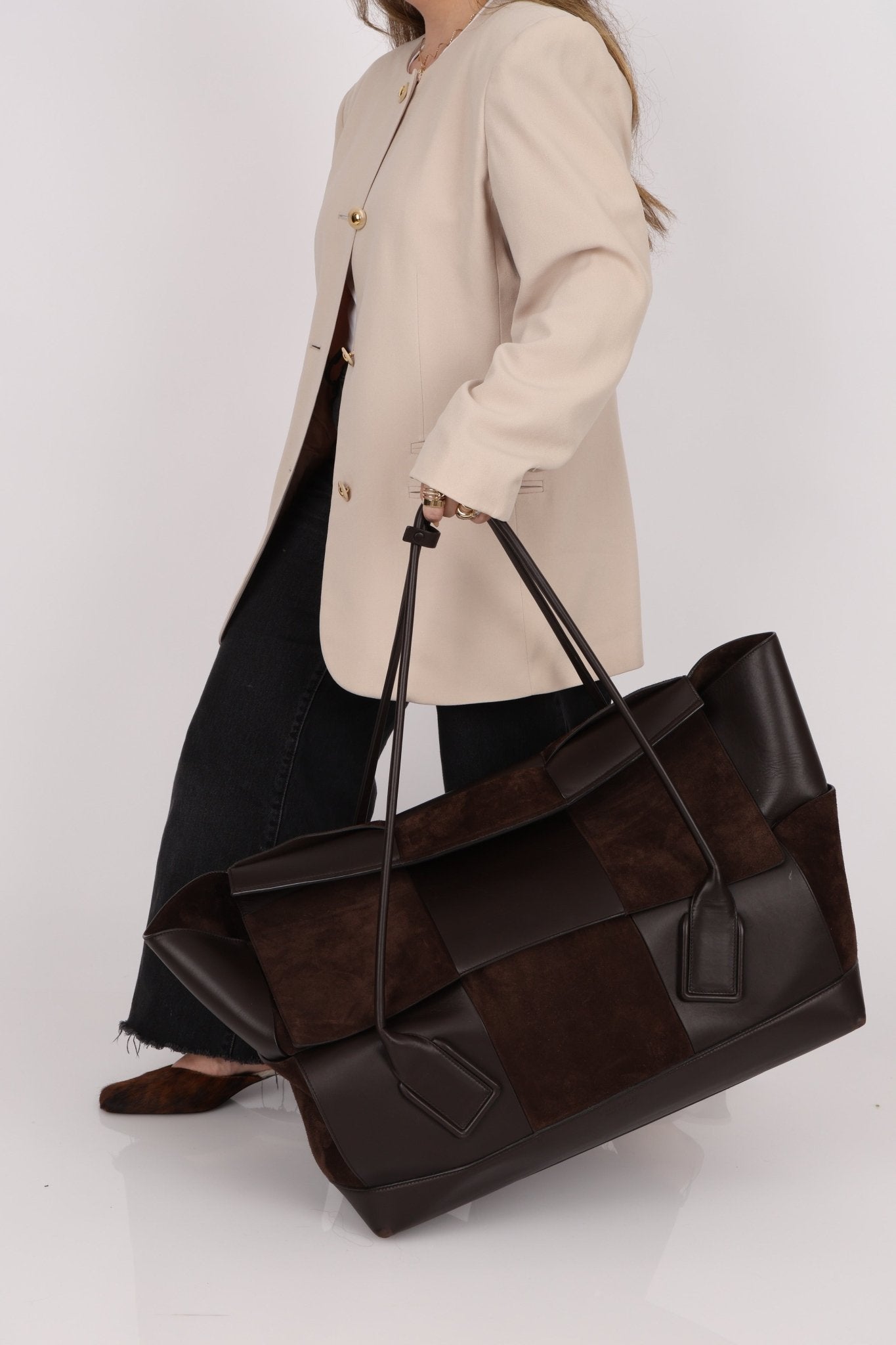 Bottega Veneta Maxi Suede & Leather Intrecciato XL Arco Tote - FashioNica