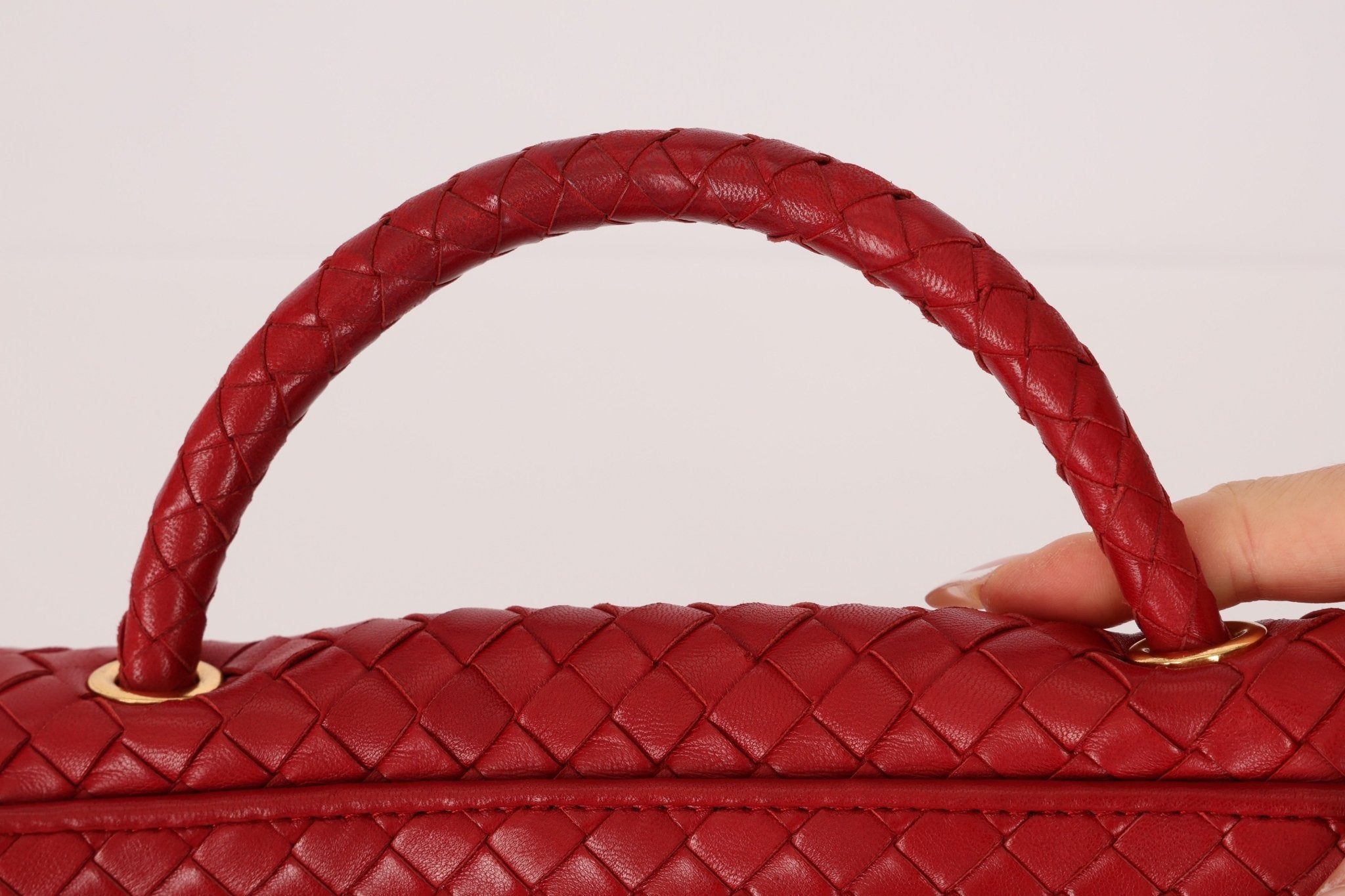 Bottega Veneta Red Intrecciato Turn - Lock Kelly Top Handle - FashioNica
