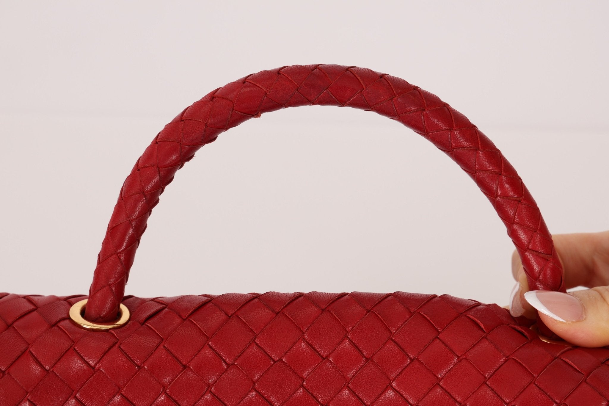 Bottega Veneta Red Intrecciato Turn - Lock Kelly Top Handle - FashioNica