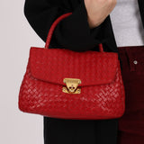 Bottega Veneta Red Intrecciato Turn - Lock Kelly Top Handle - FashioNica
