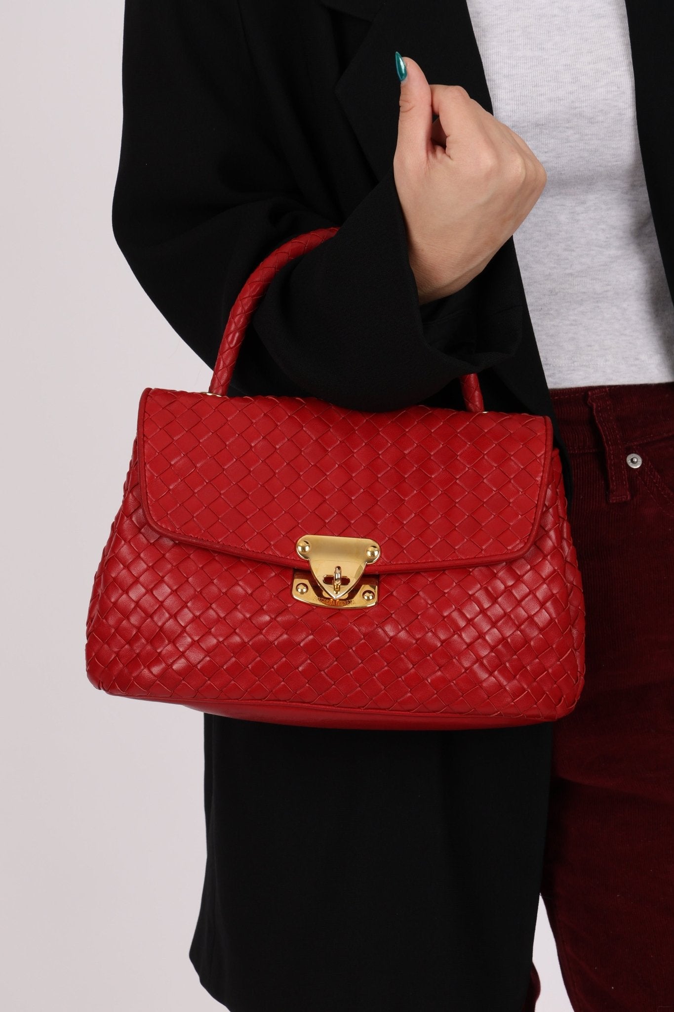 Bottega Veneta Red Intrecciato Turn - Lock Kelly Top Handle - FashioNica