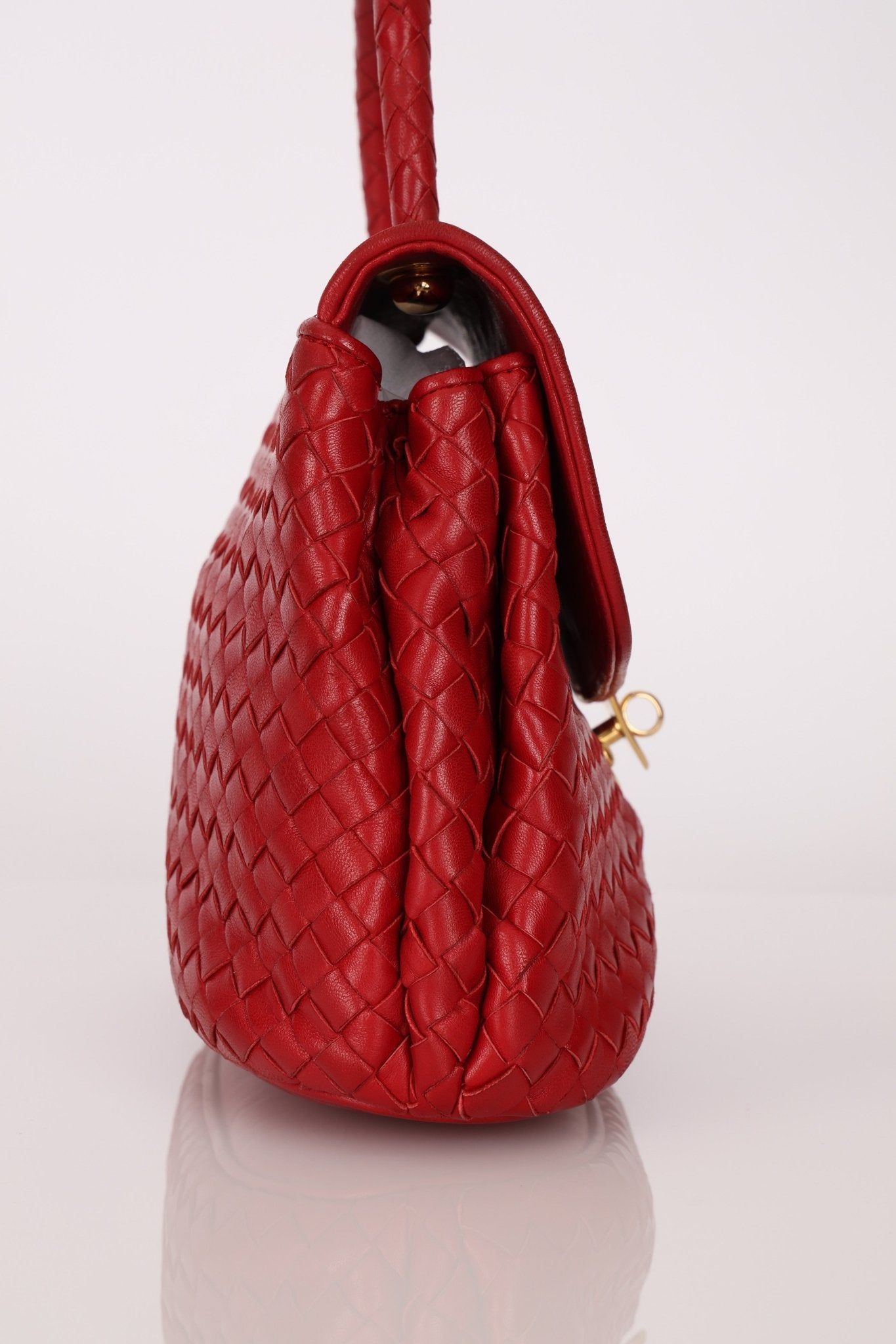 Bottega Veneta Red Intrecciato Turn - Lock Kelly Top Handle - FashioNica