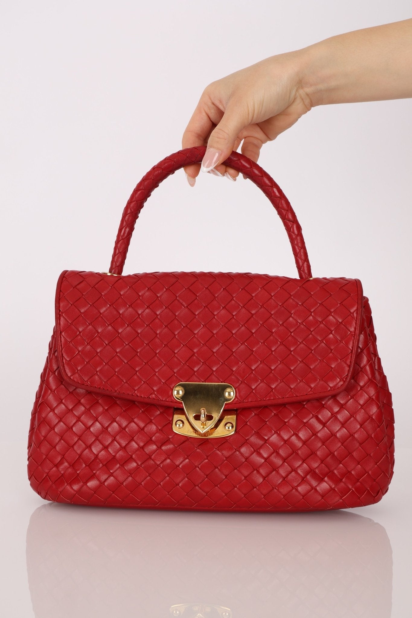 Bottega Veneta Red Intrecciato Turn - Lock Kelly Top Handle - FashioNica